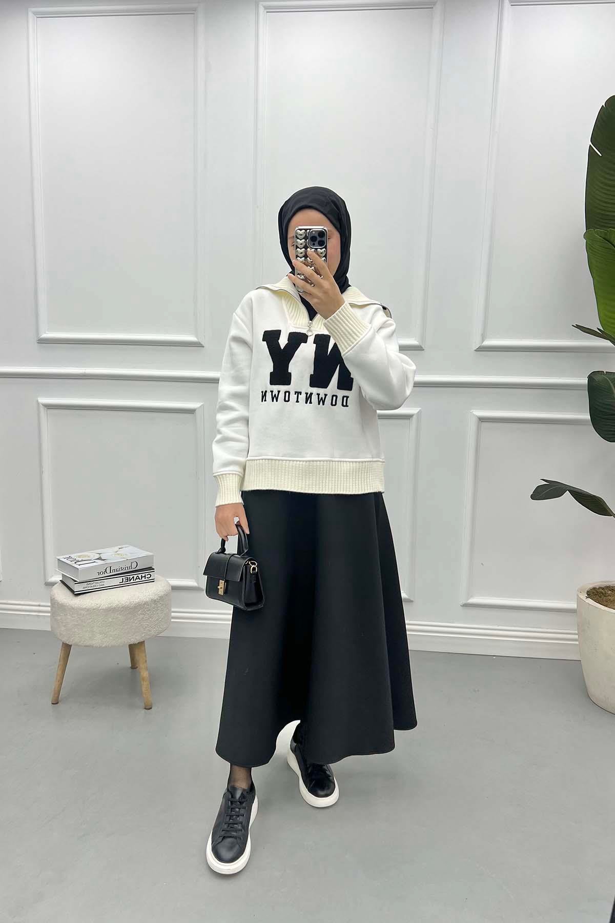 Fermuarlı Yazılı Sweatshirt Beyaz