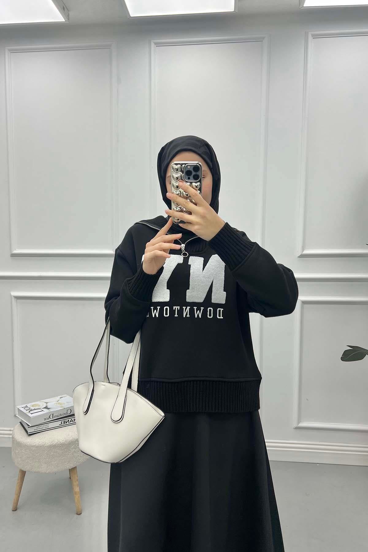 Fermuarlı Yazılı Sweatshirt Siyah