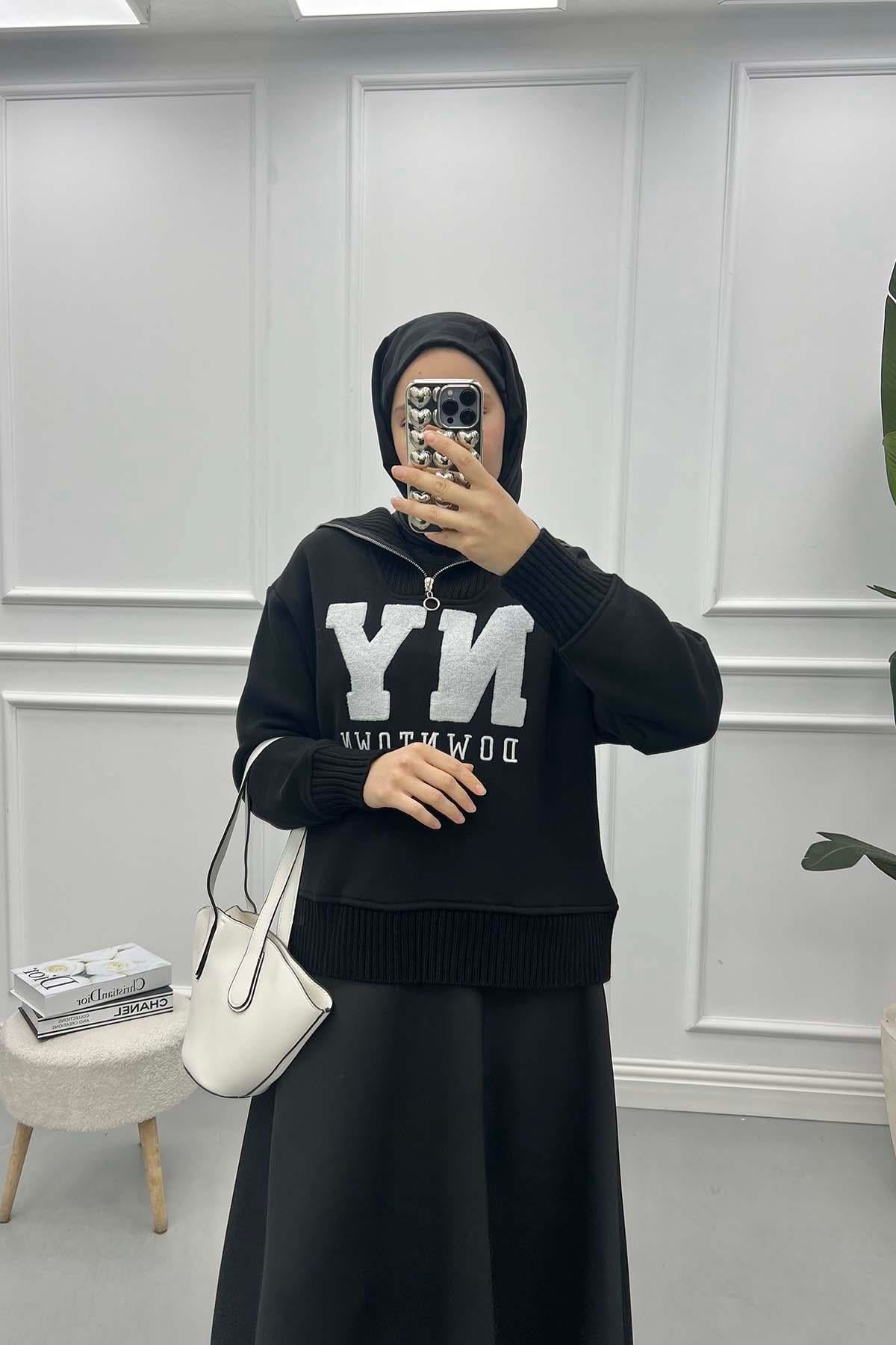 Fermuarlı Yazılı Sweatshirt Siyah