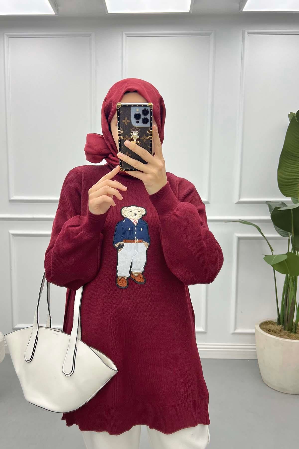 Figürlü Triko Tunik Bordo