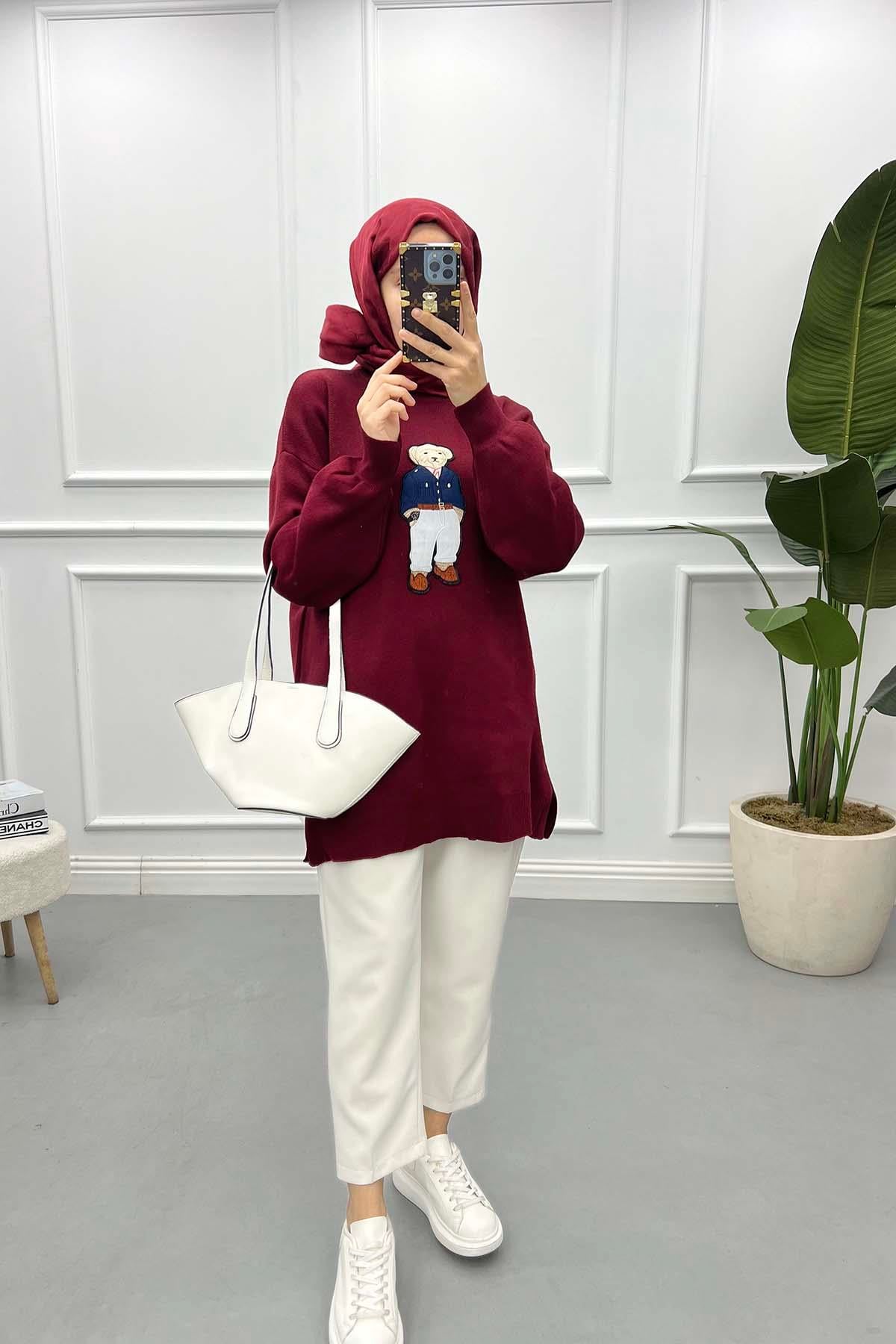 Figürlü Triko Tunik Bordo