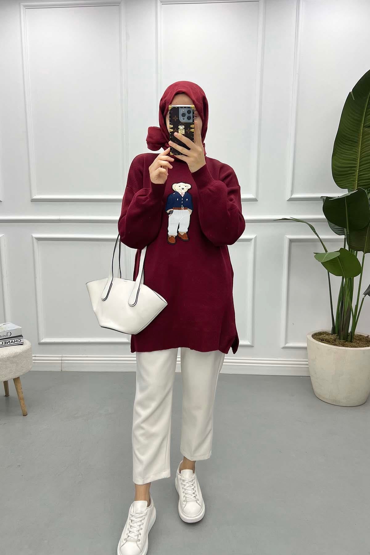 Figürlü Triko Tunik Bordo