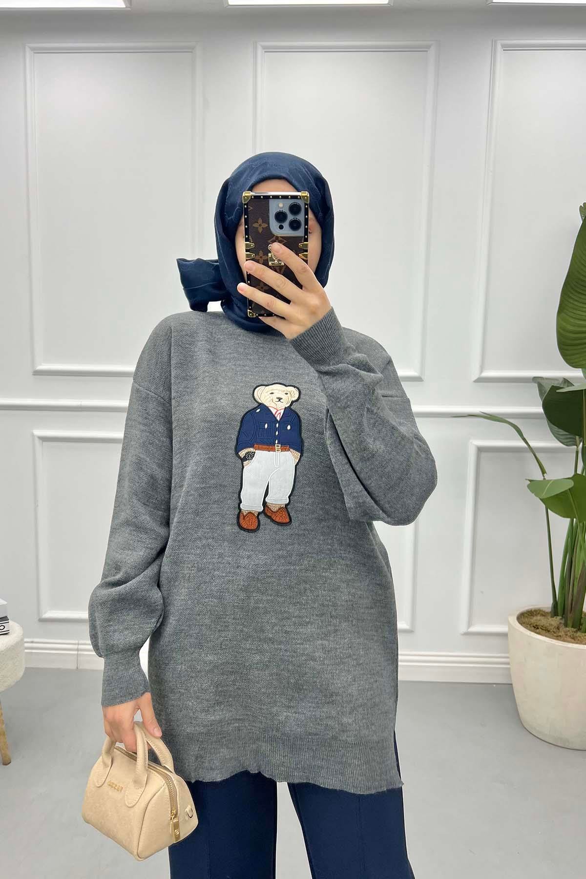 Figürlü Triko Tunik Gri