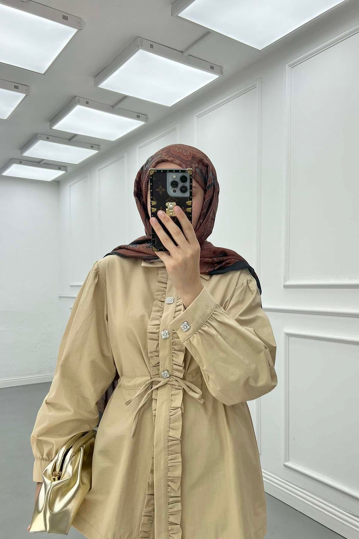 Fırfır Detaylı Belden Bağlamalı Gömlek Camel
