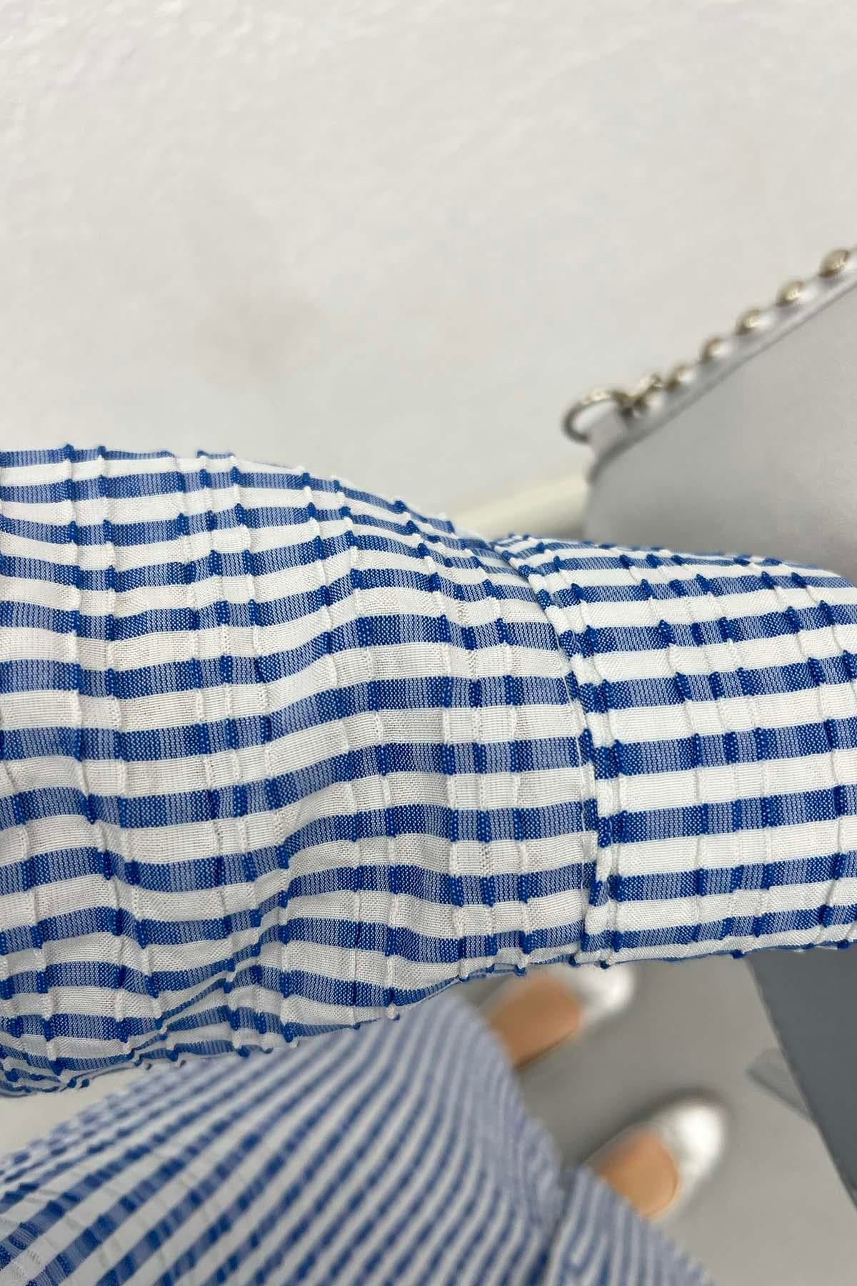 Fırfır Detaylı Çizgili Tunik Mavi