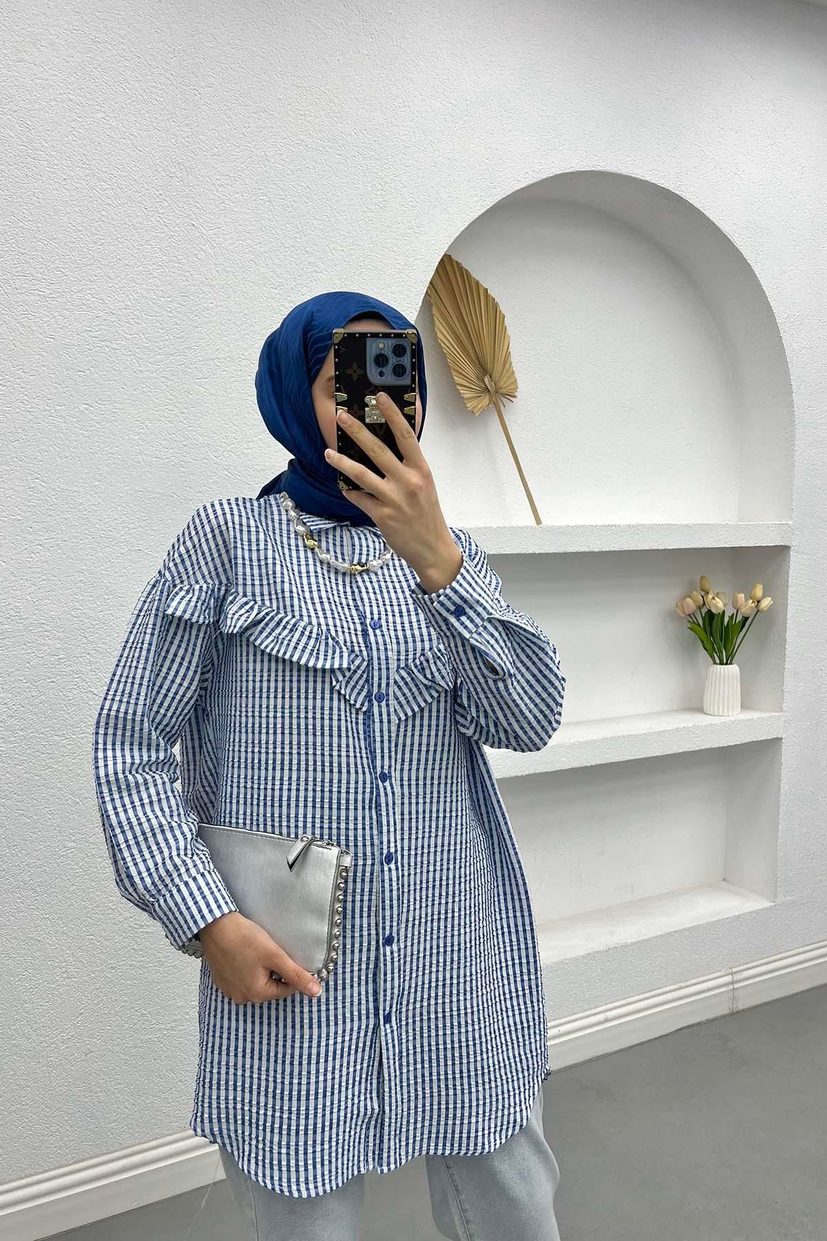 Fırfır Detaylı Çizgili Tunik Mavi