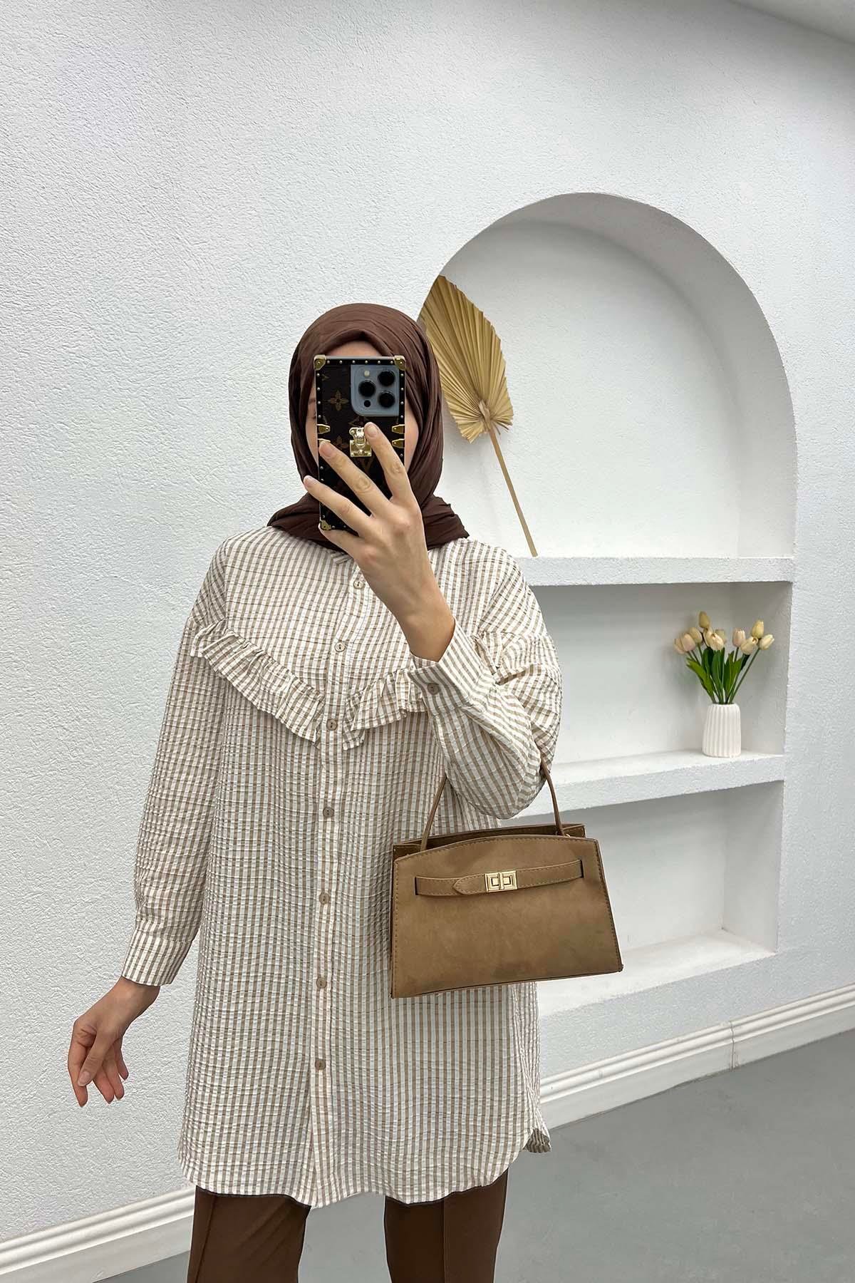 Fırfır Detaylı Çizgili Tunik Sütlü Kahve