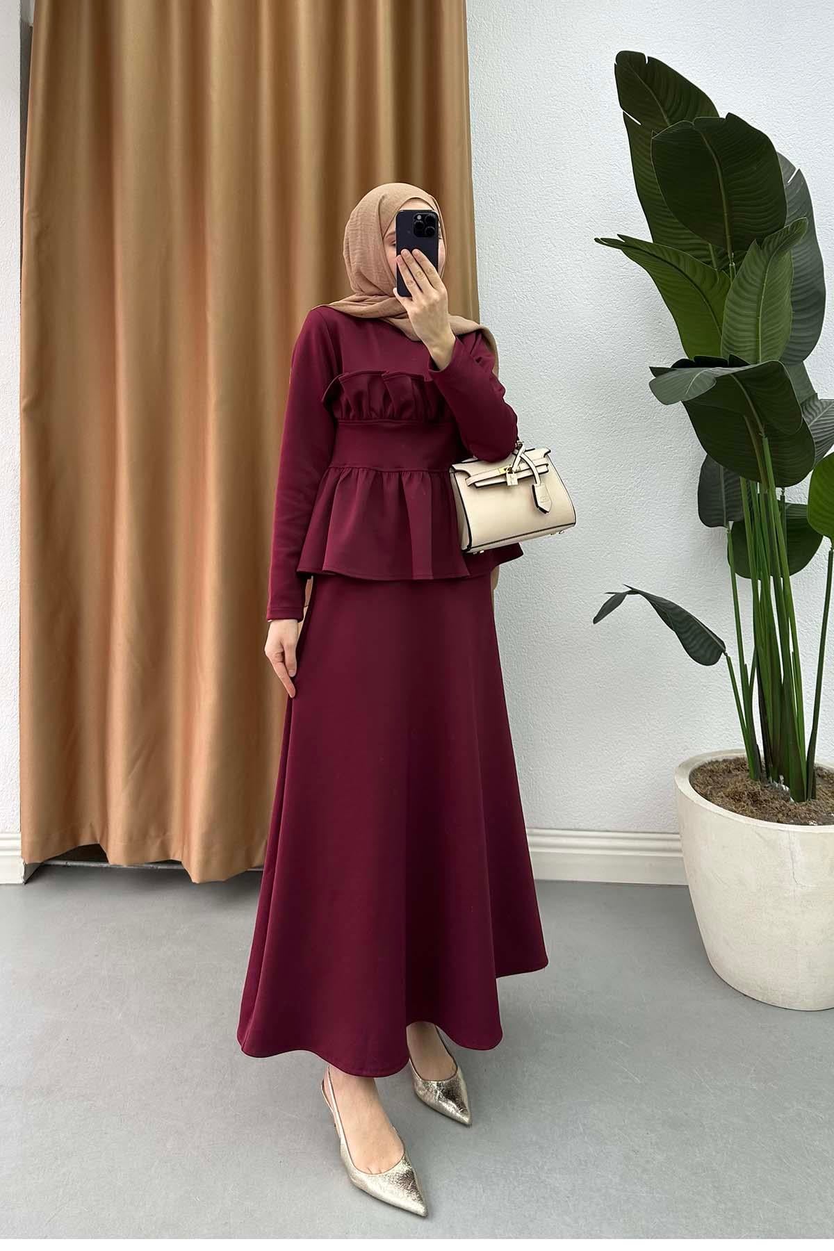 Fırfır Detaylı Etekli Takım Bordo