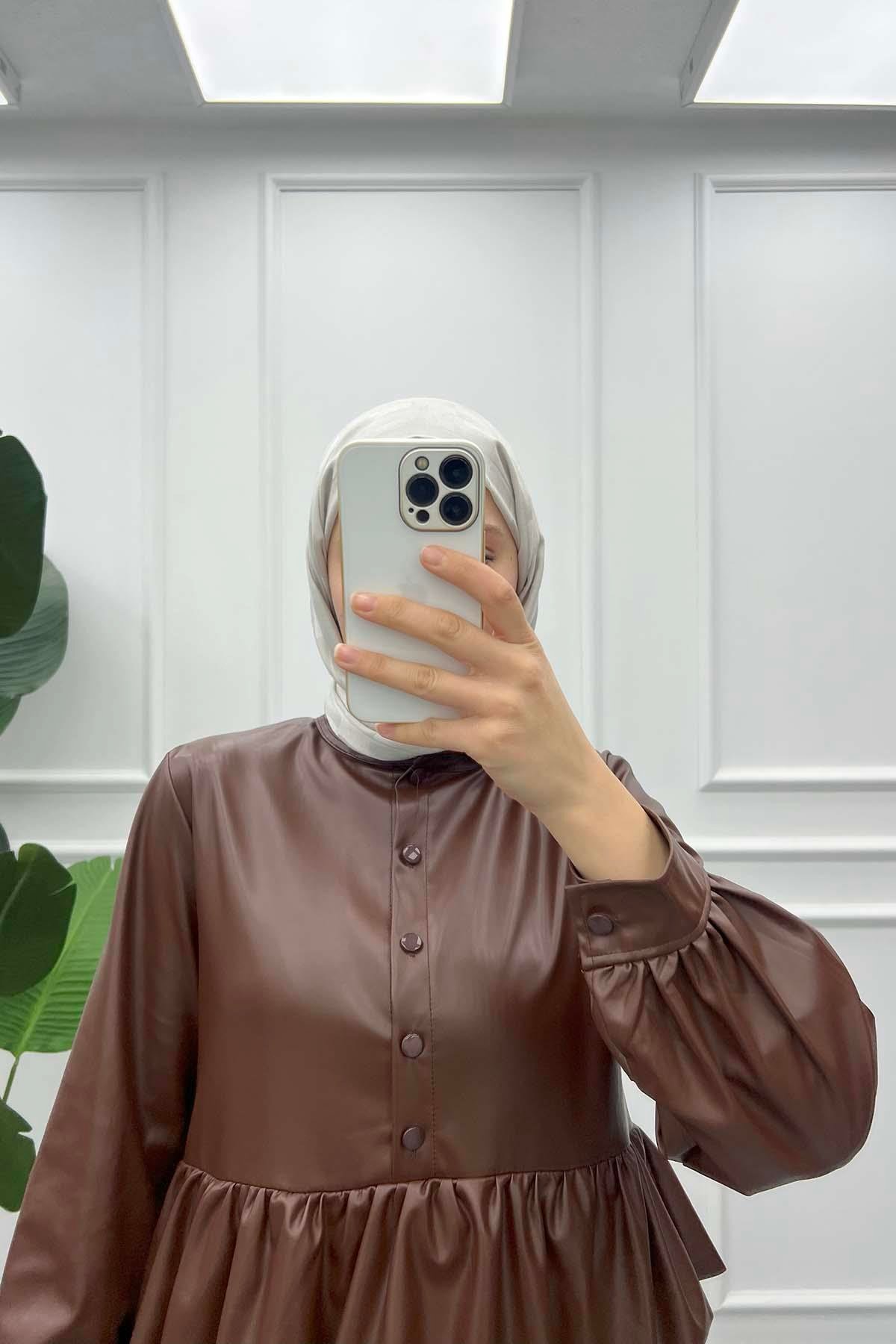 Fırfırlı Deri Tunik Kahve