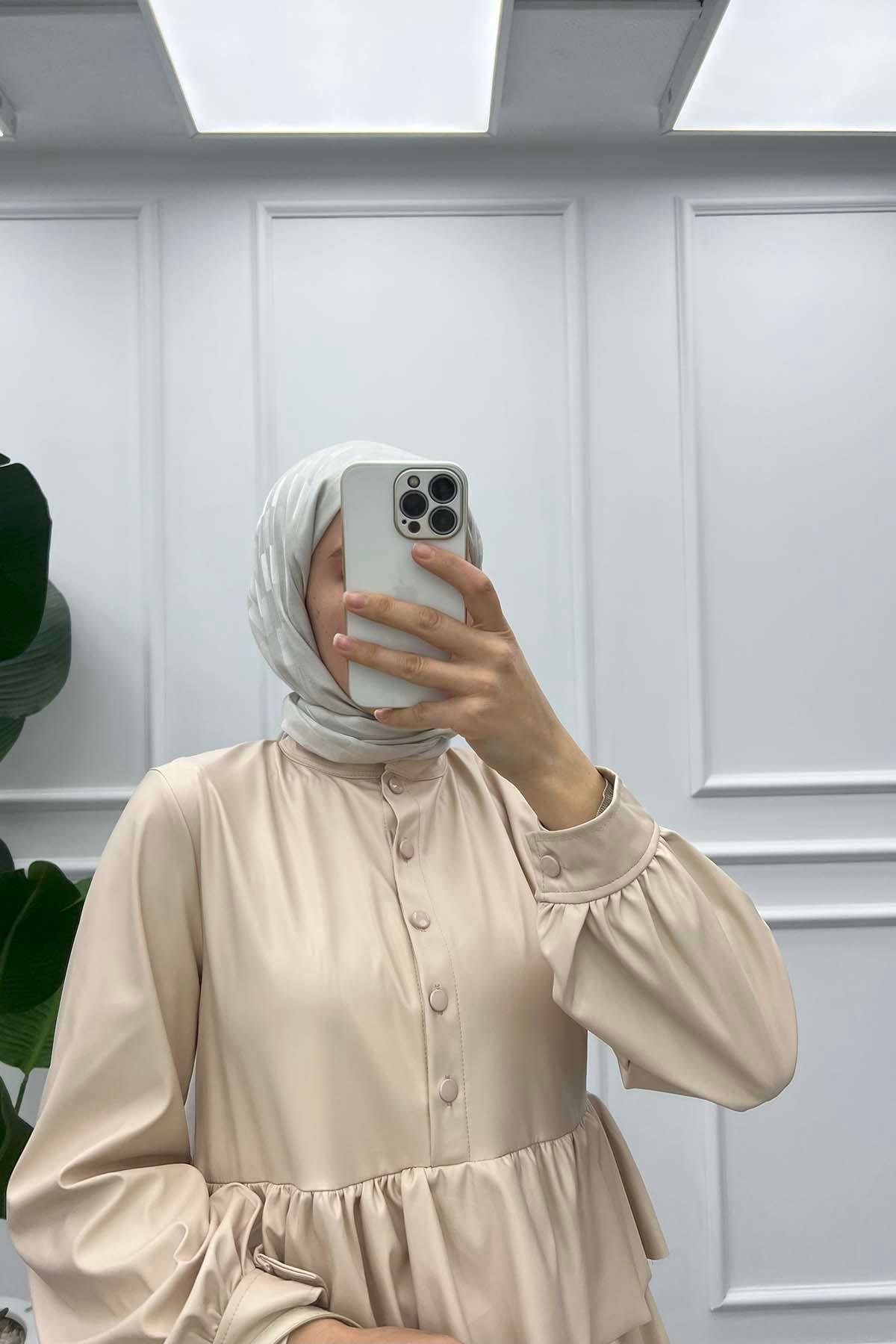 Fırfırlı Deri Tunik Krem