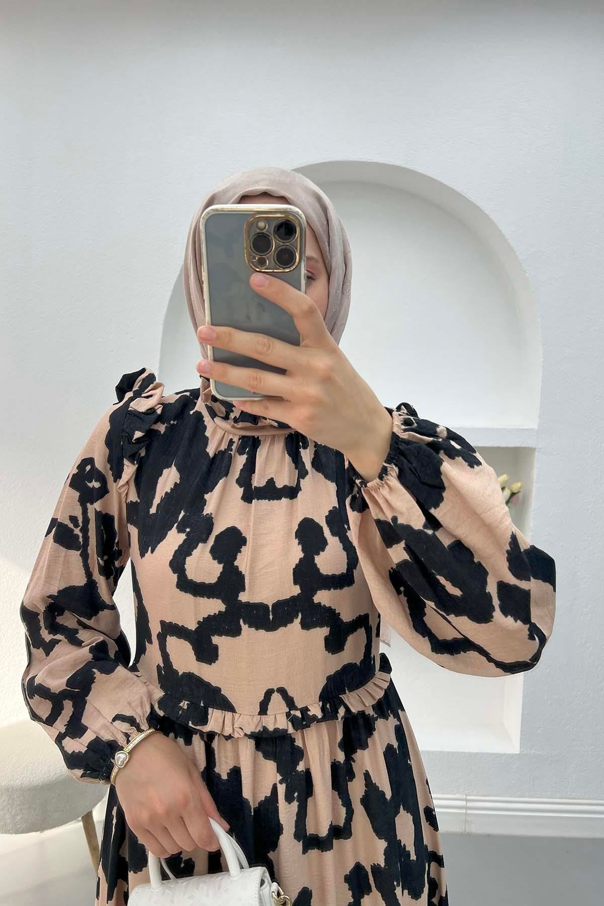 Fırfırlı Desenli Elbise Camel