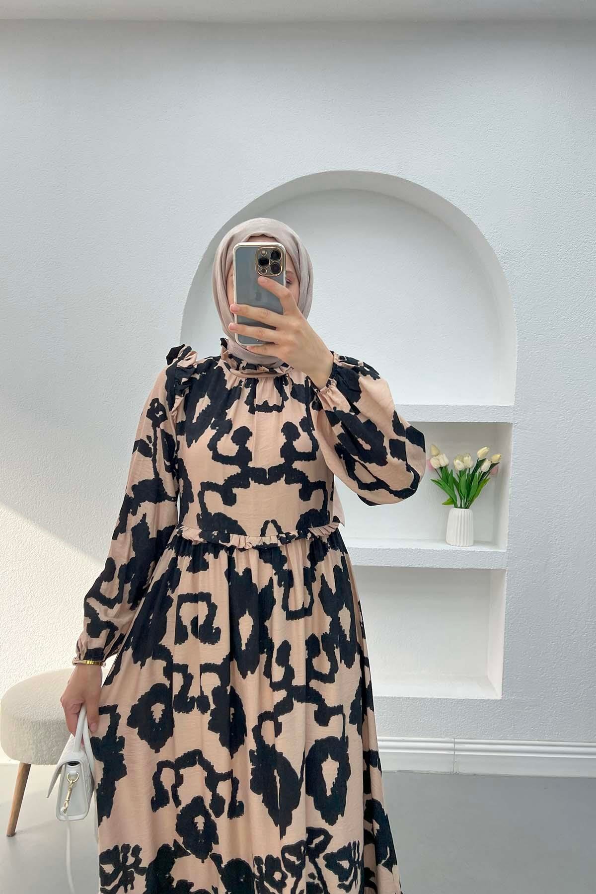 Fırfırlı Desenli Elbise Camel