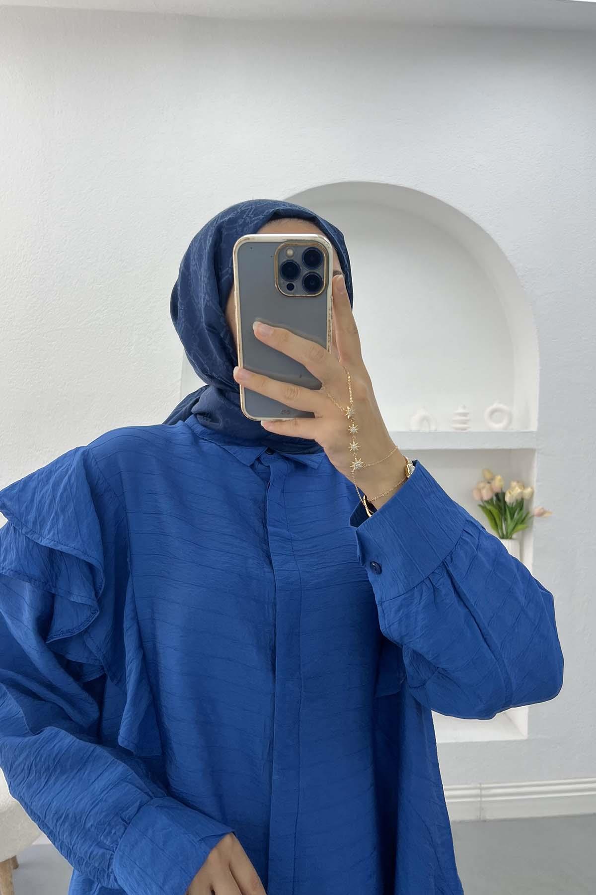 Fırfırlı Dokulu Gömlek Mavi