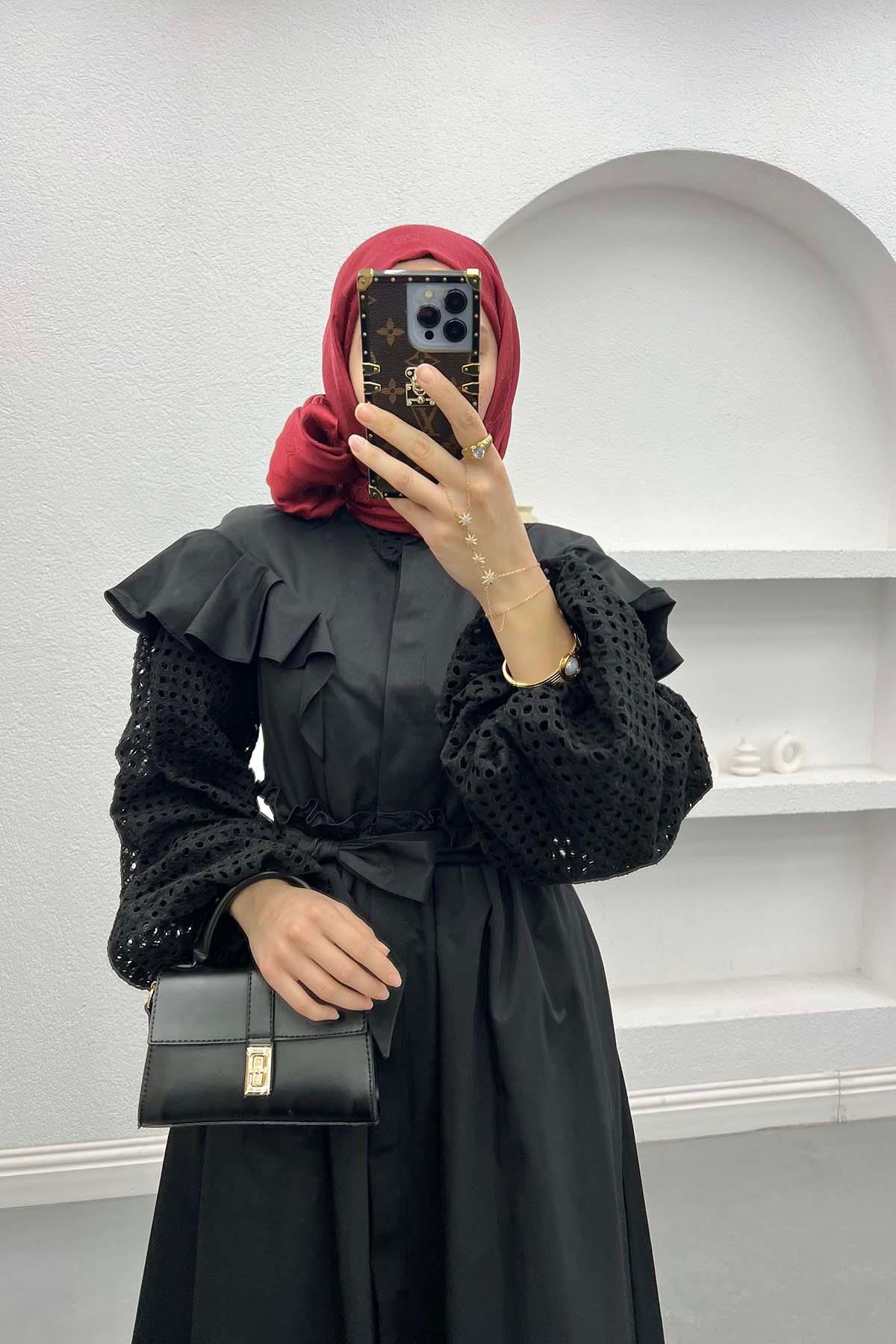 Fırfırlı Fistolu Elbise Siyah