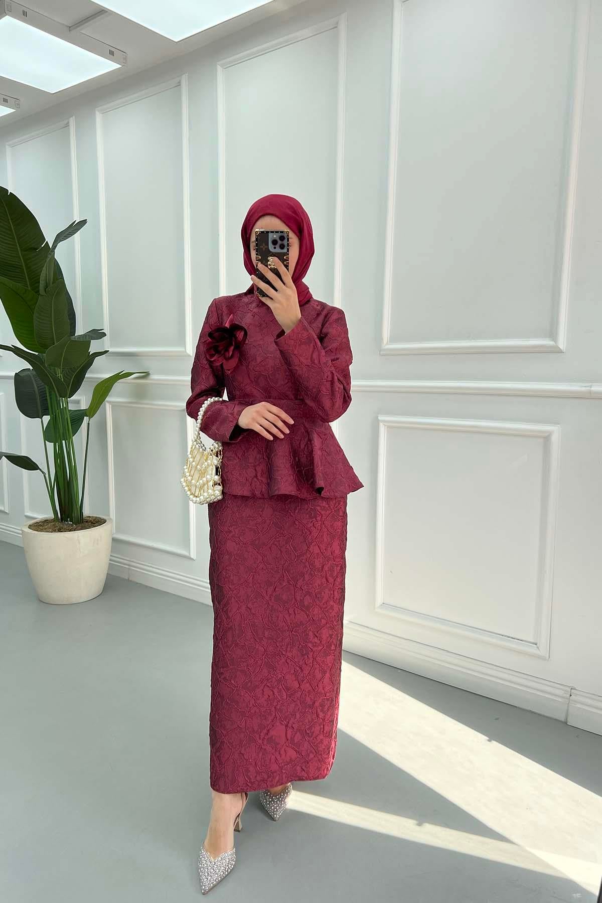 Fırfırlı Jakarlı Elbise Bordo