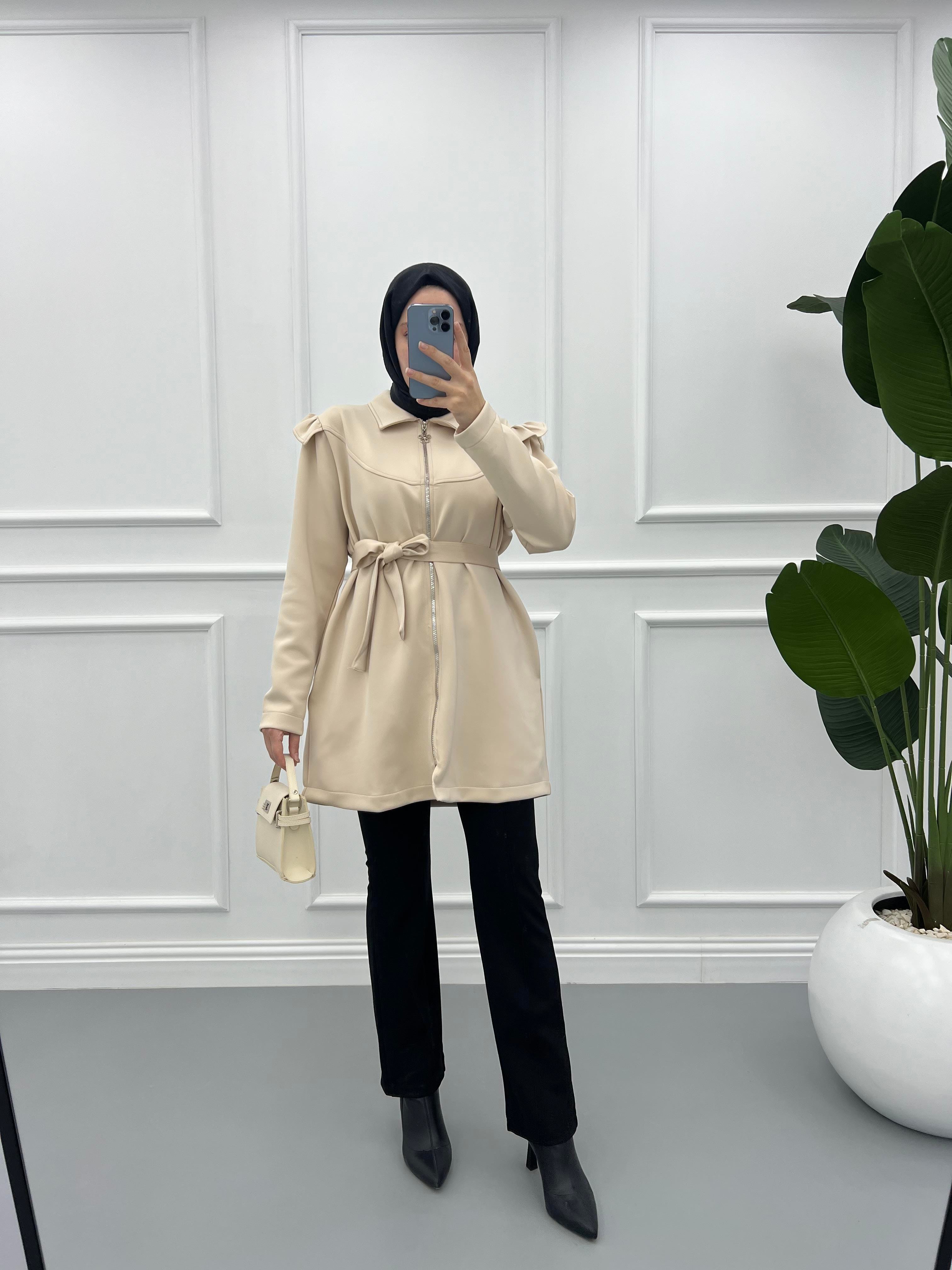 Fırfırlı Scuba Fermuarlı Tunik Krem