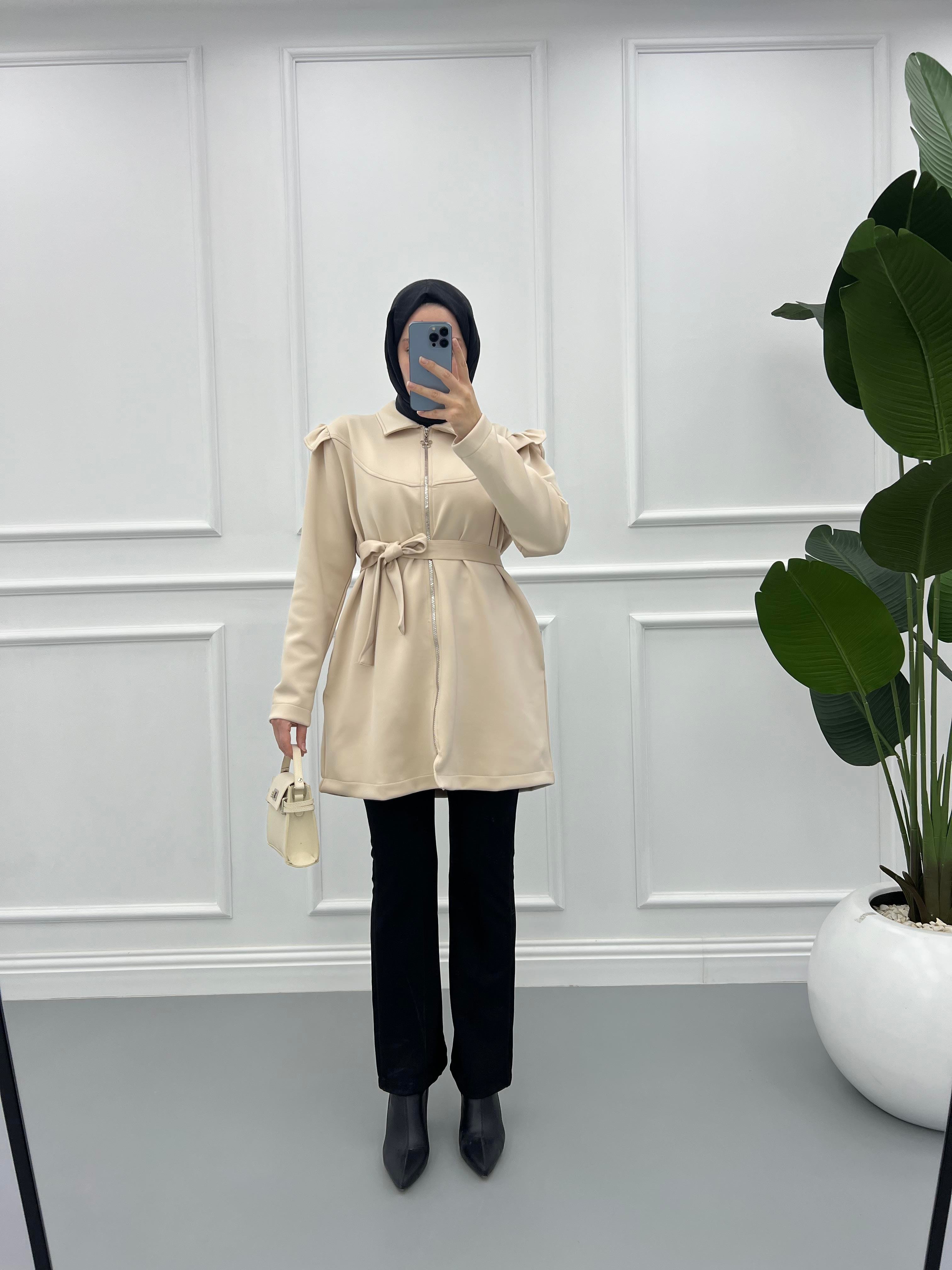 Fırfırlı Scuba Fermuarlı Tunik Krem