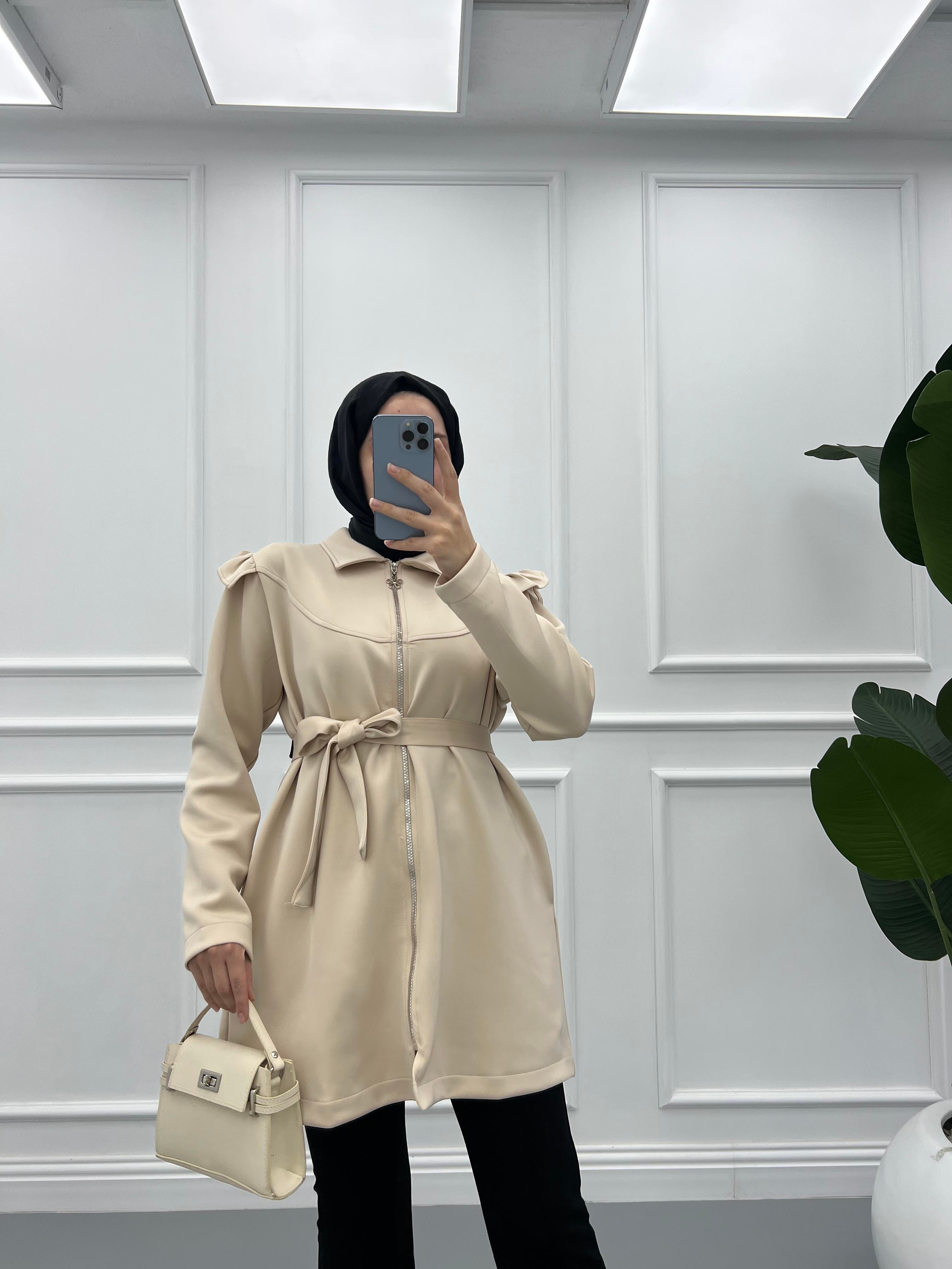 Fırfırlı Scuba Fermuarlı Tunik Krem