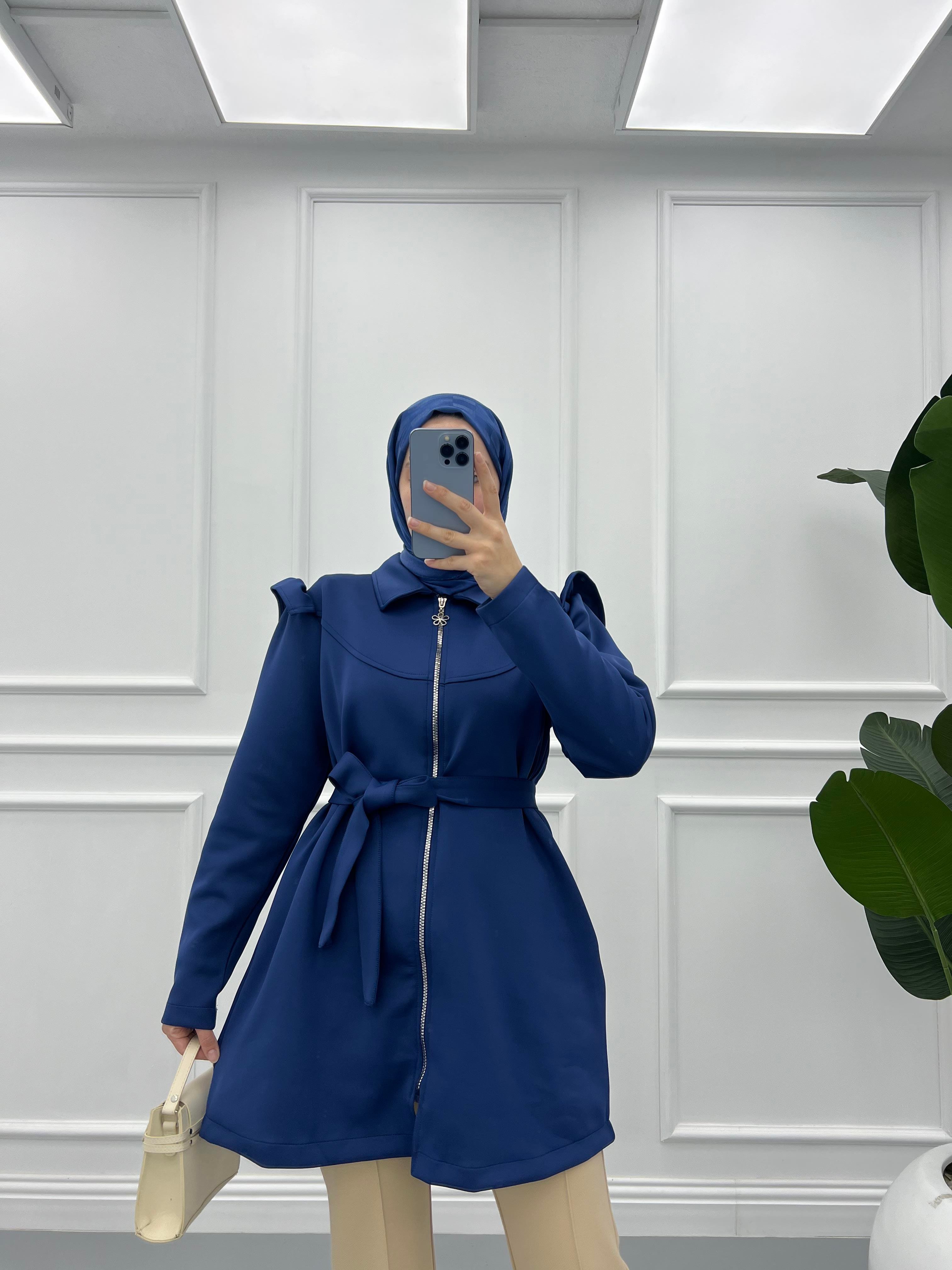 Fırfırlı Scuba Fermuarlı Tunik Lacivert
