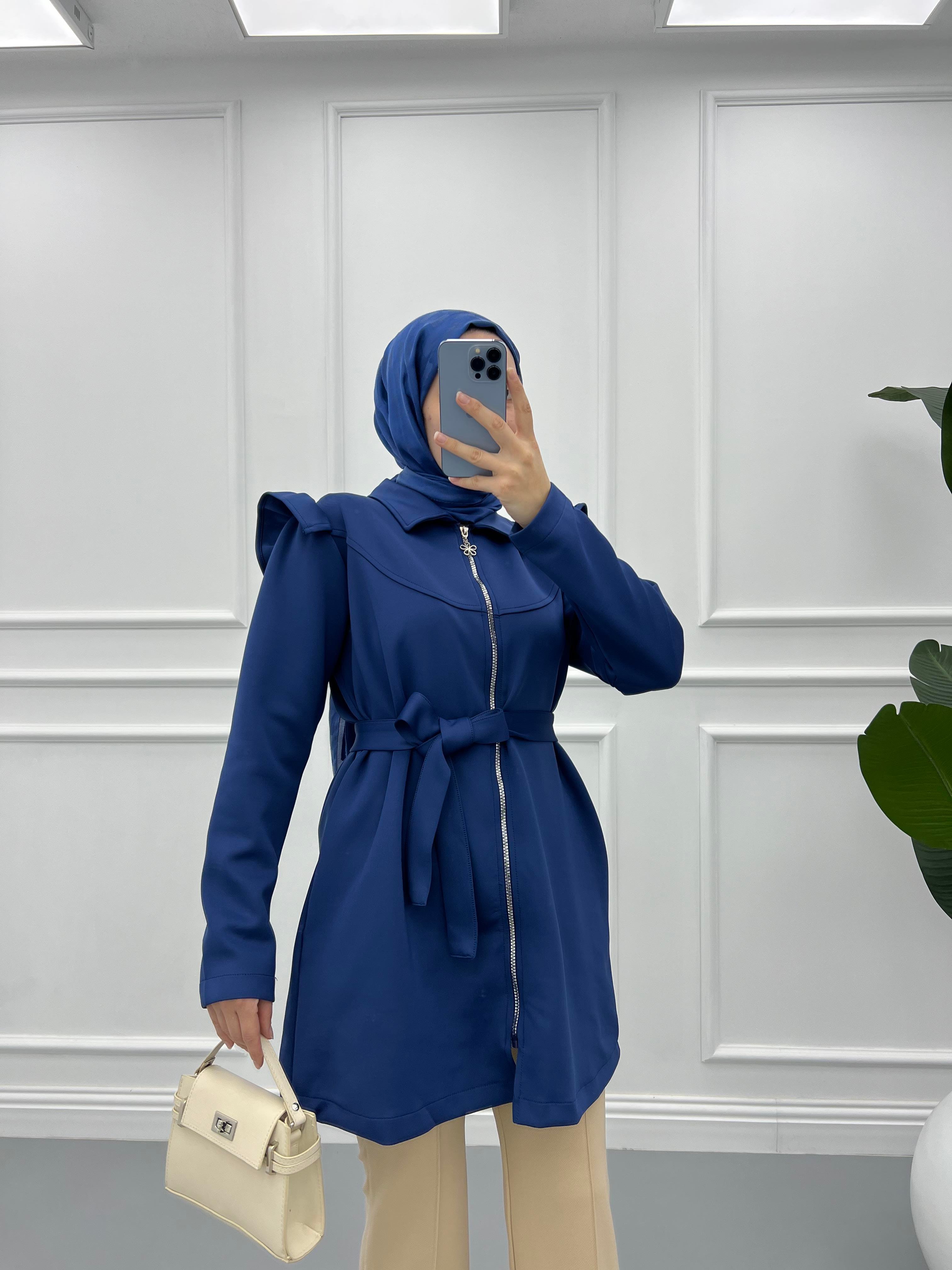 Fırfırlı Scuba Fermuarlı Tunik Lacivert
