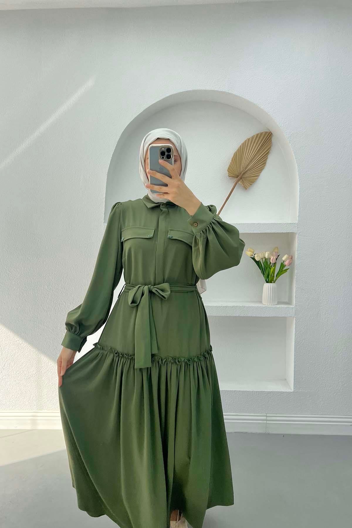 Fırfırlı Taşlı Elbise Haki