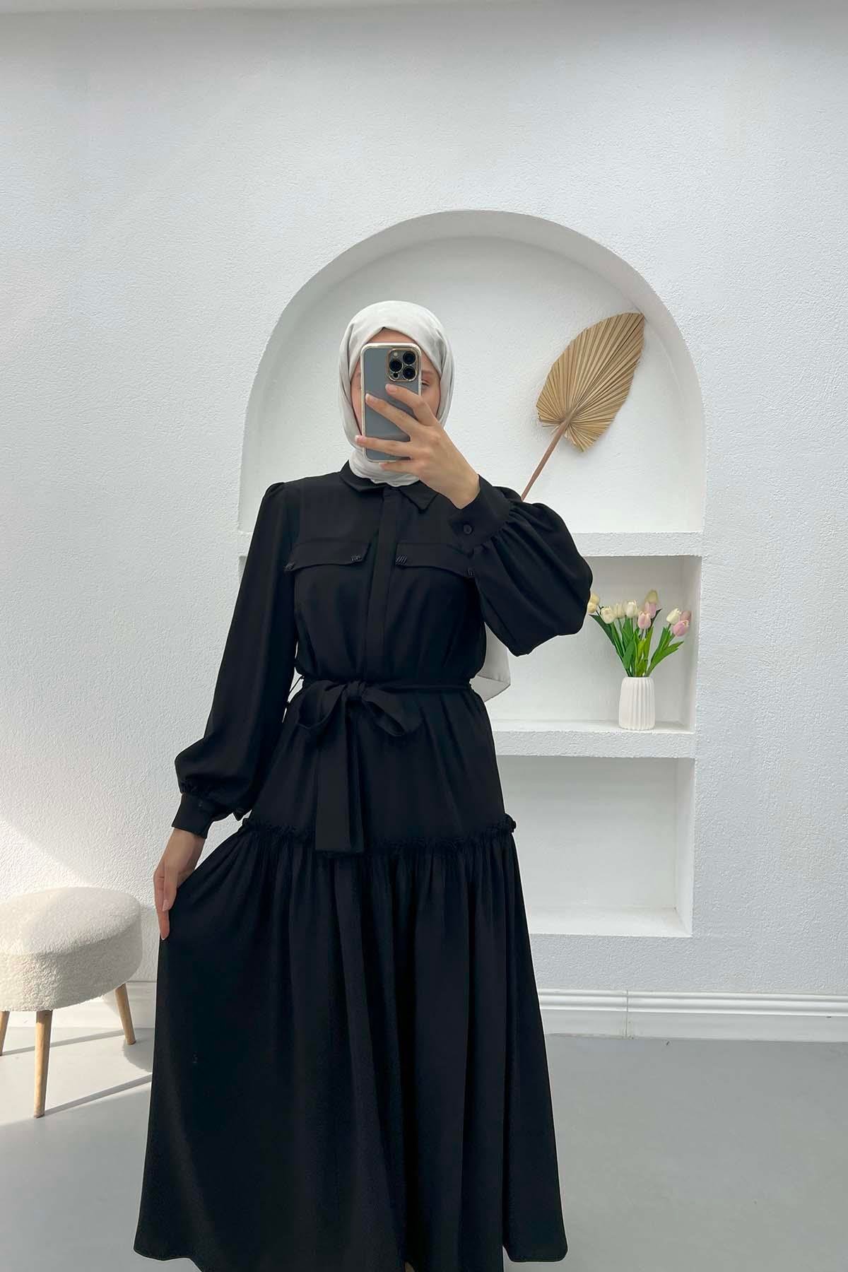Fırfırlı Taşlı Elbise Siyah