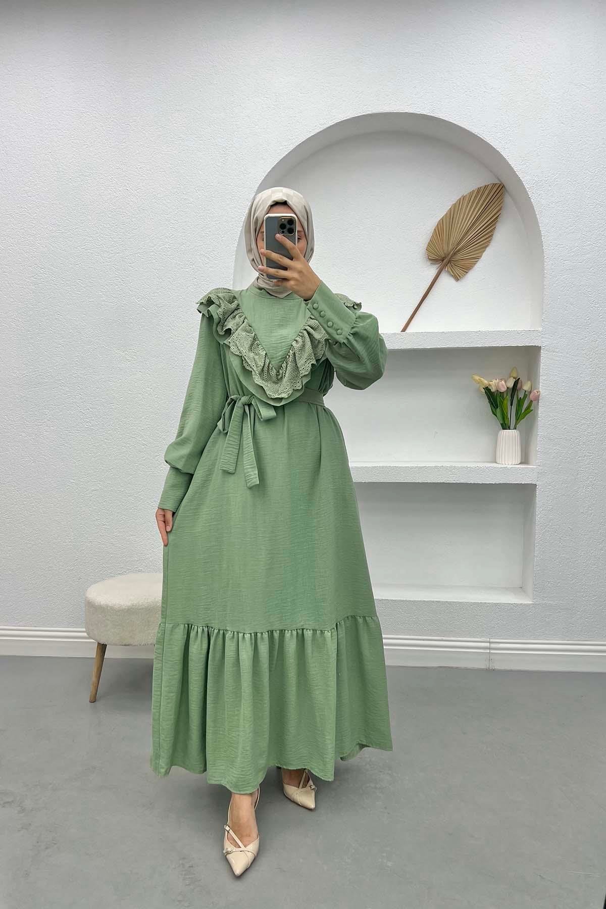 Fisto Fırfırlı Prenses Elbise Mint Yeşili
