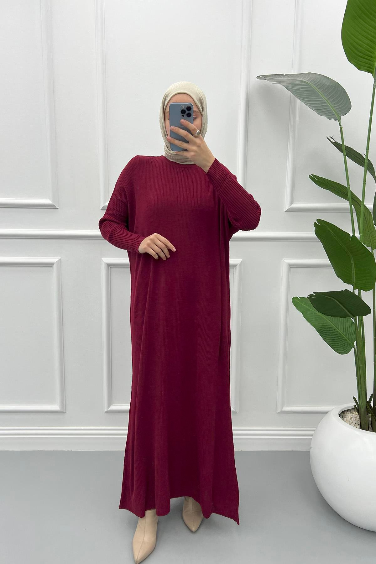 Fitilli Elbise Bordo