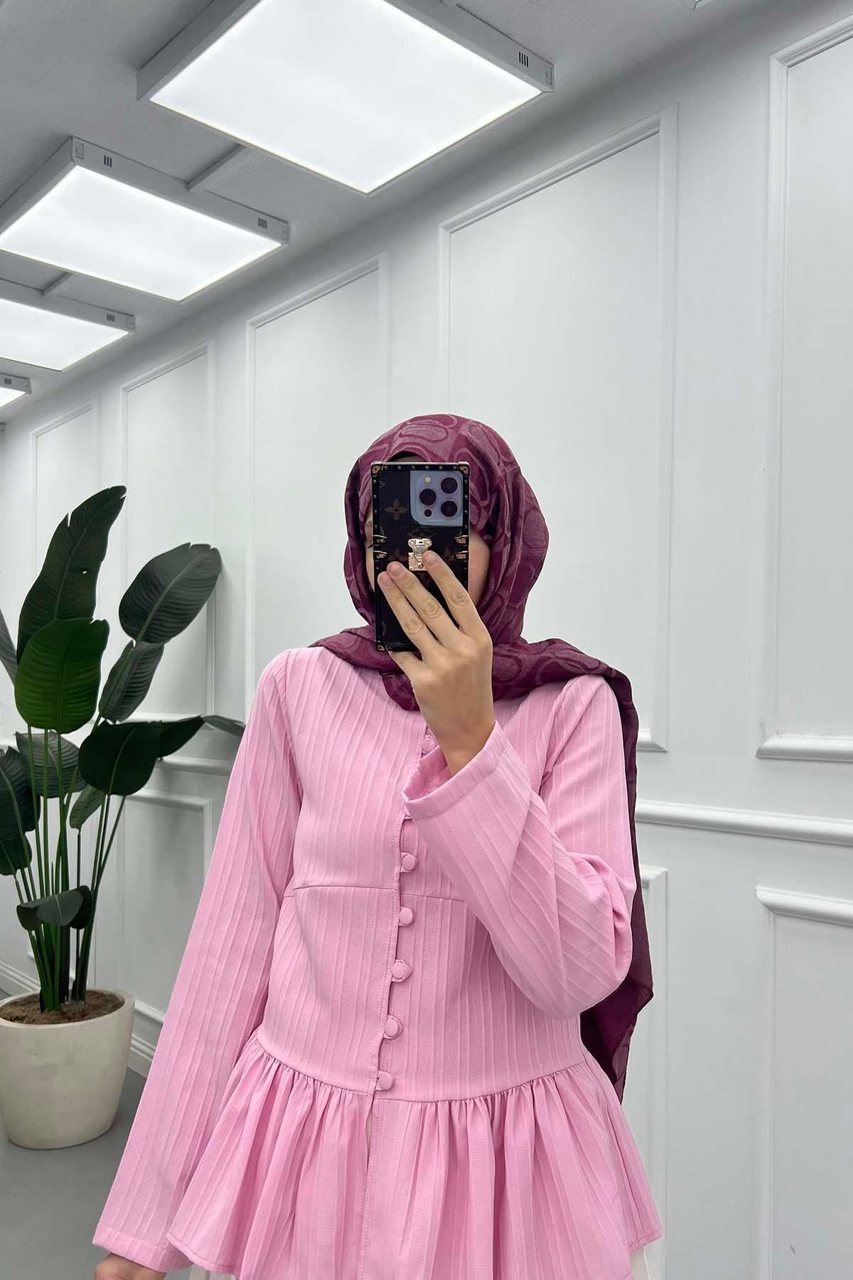 Fitilli ve Volanlı Peplum Gömlek Pembe