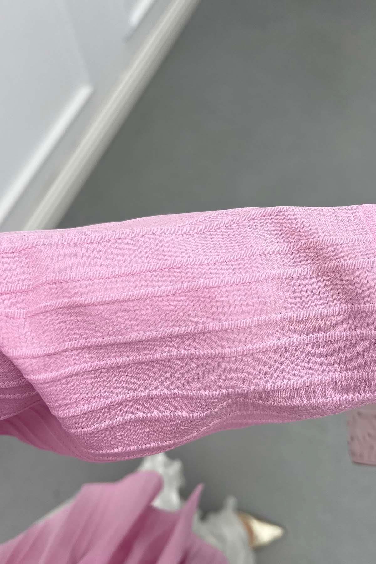 Fitilli ve Volanlı Peplum Gömlek Pembe