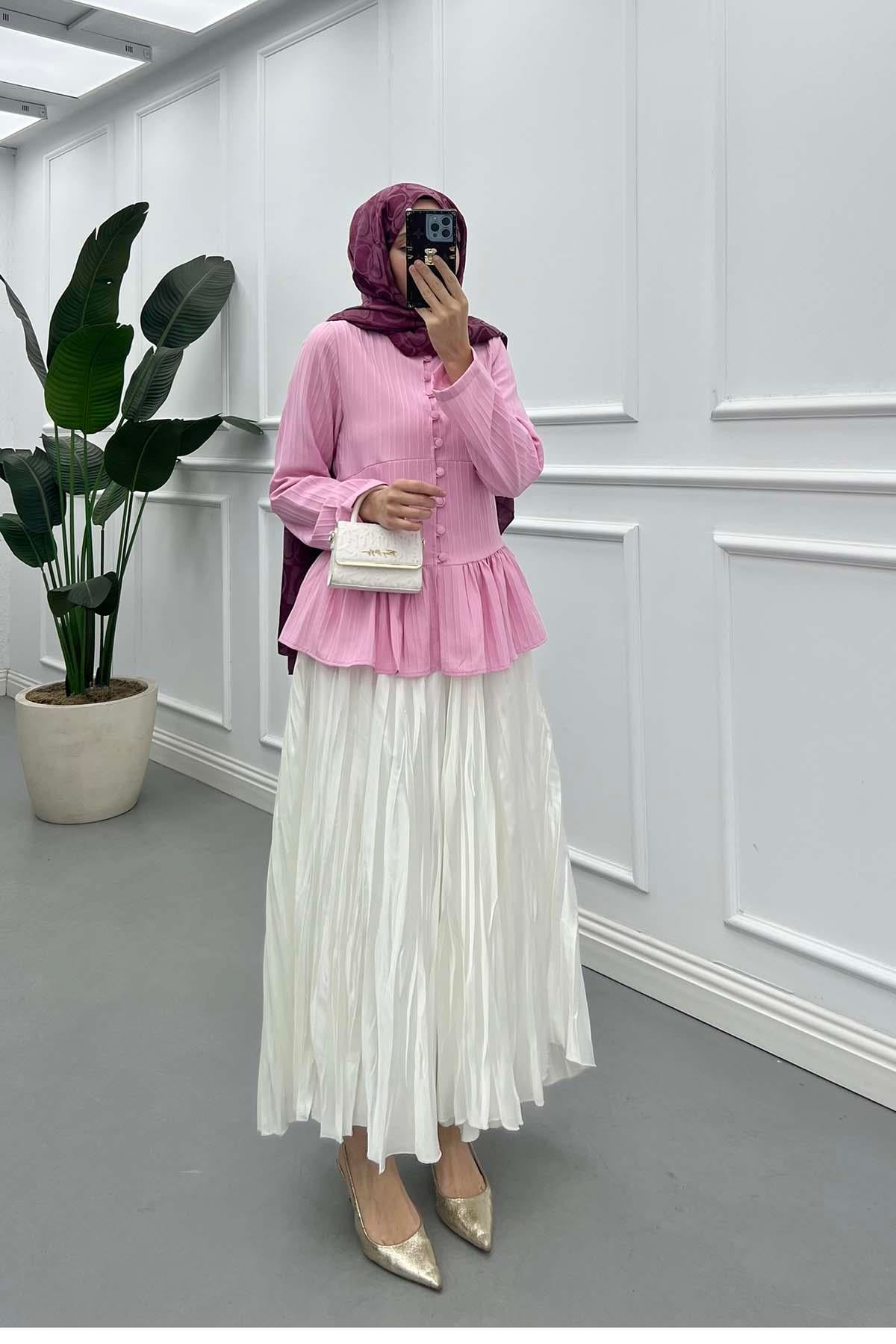 Fitilli ve Volanlı Peplum Gömlek Pembe