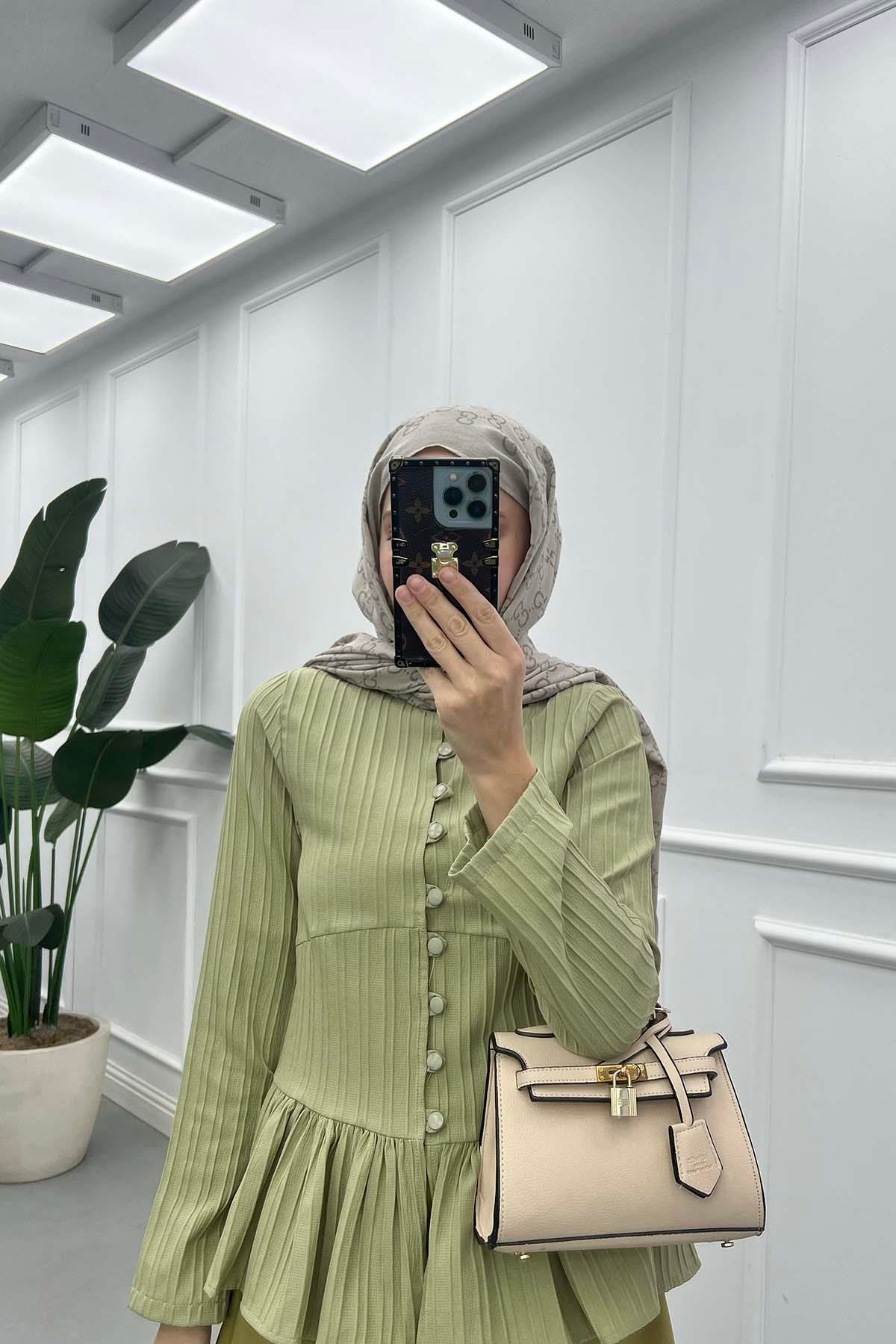 Fitilli ve Volanlı Peplum Gömlek Su Yeşili