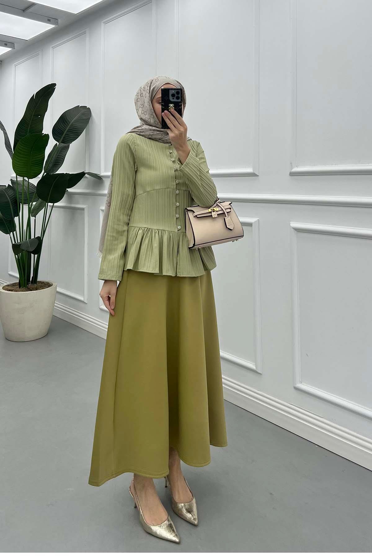 Fitilli ve Volanlı Peplum Gömlek Su Yeşili