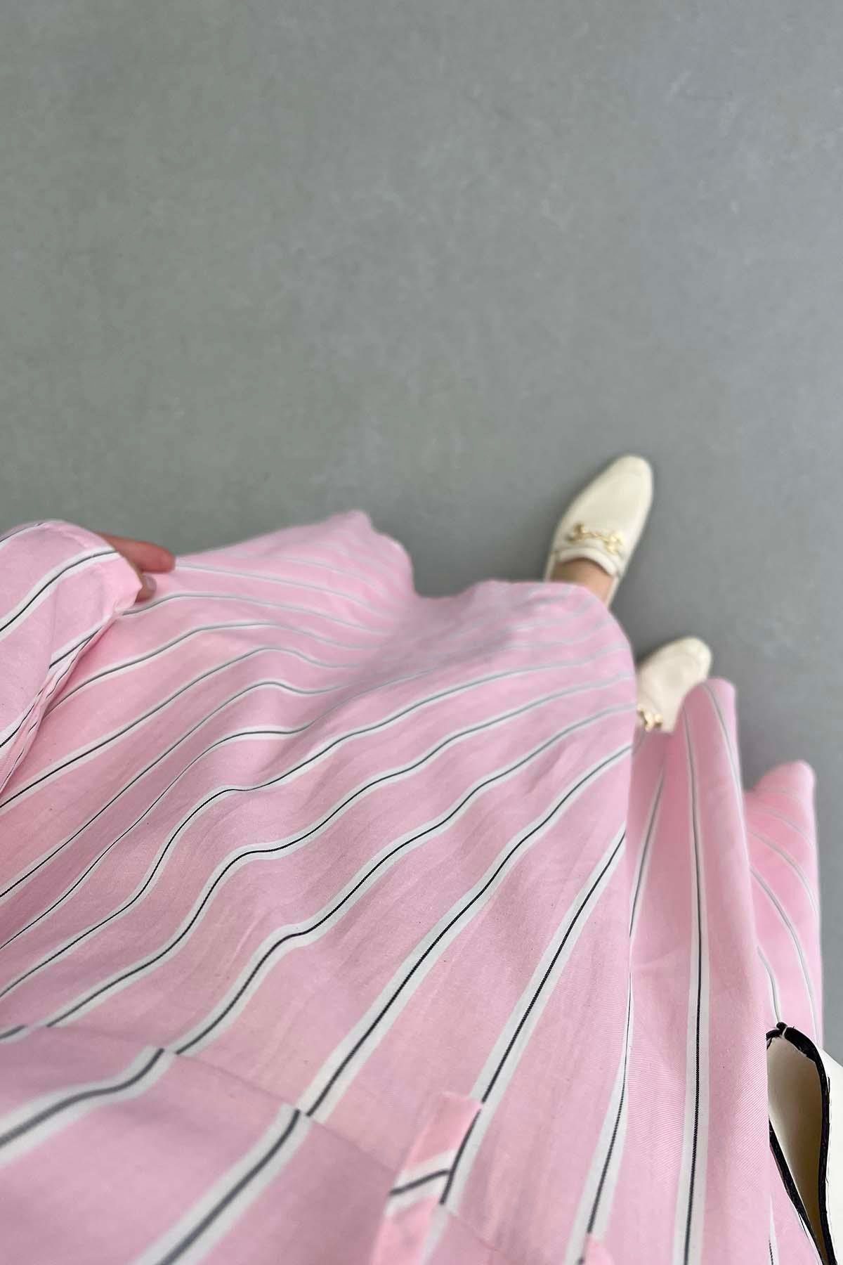 Fiyon Detaylı Çizgili Elbise Pembe