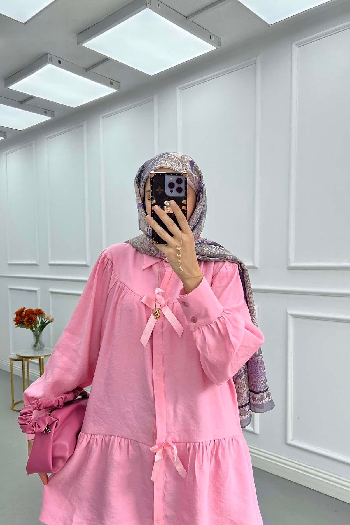 Fiyonk Detaylı Gabardin Gömlek Pembe