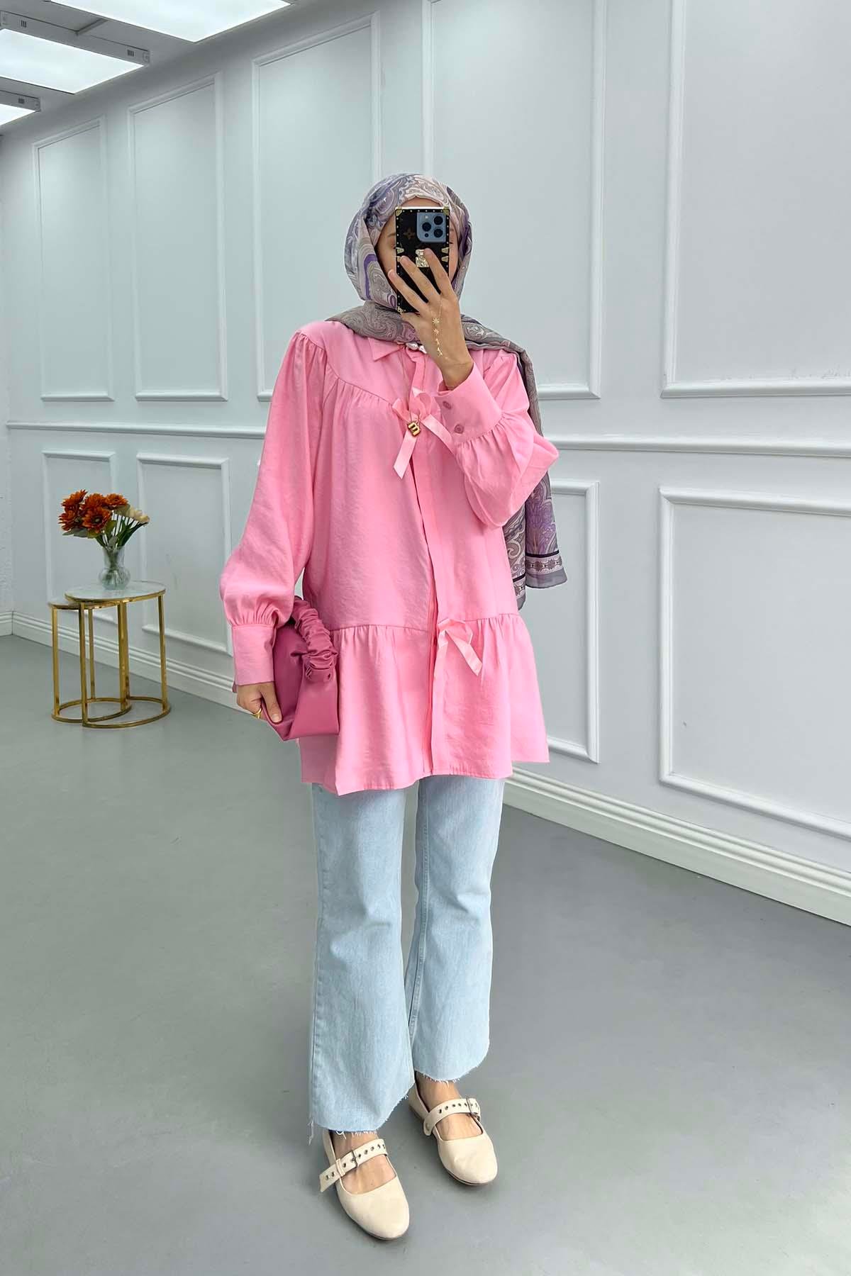 Fiyonk Detaylı Gabardin Gömlek Pembe