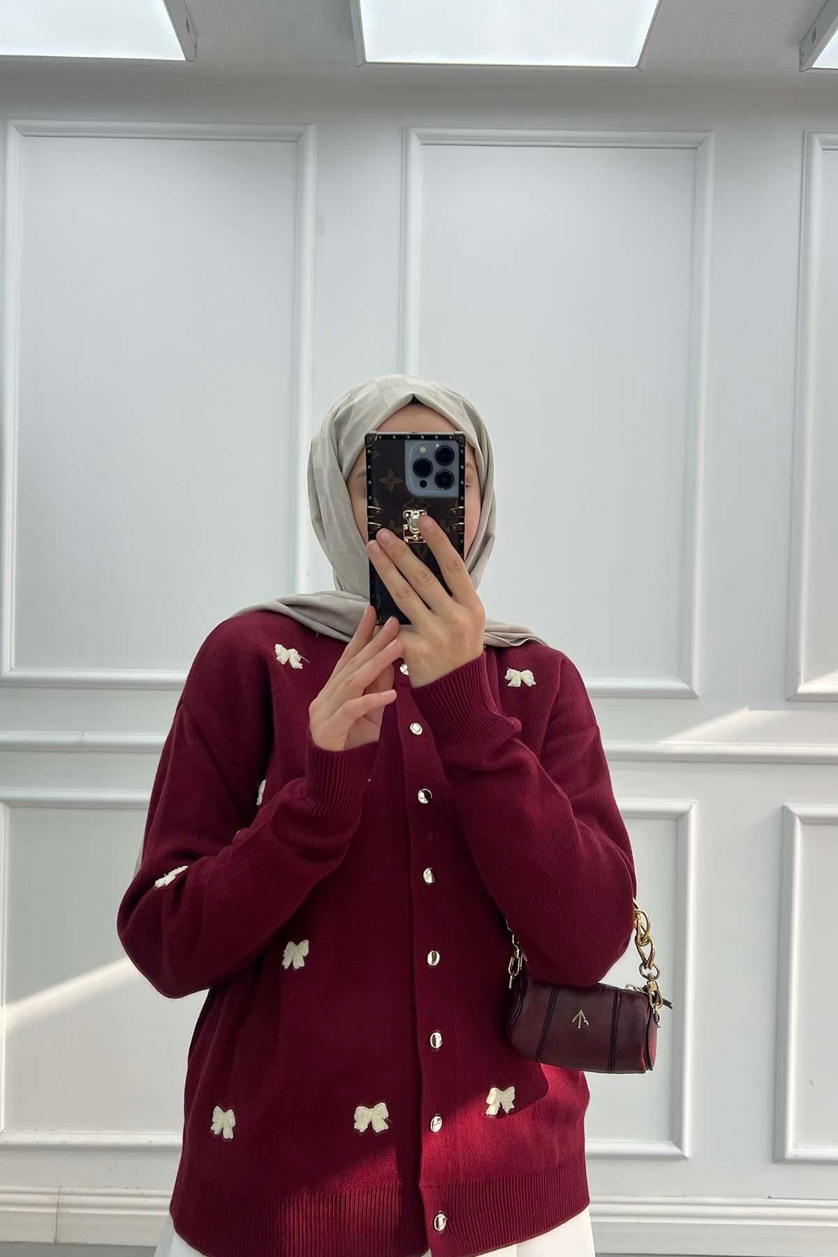 Fiyonk Nakışlı Triko Hırka Bordo