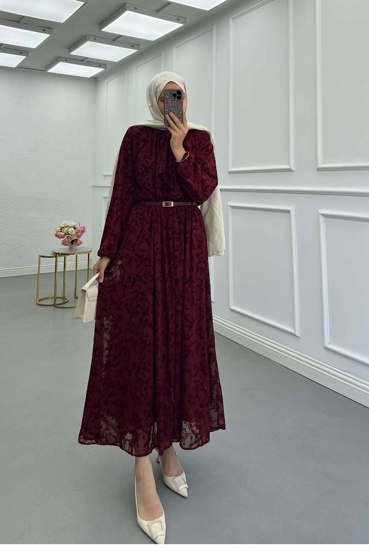 Floral Desenli Önü Pileli Kemerli Şık Takım Bordo