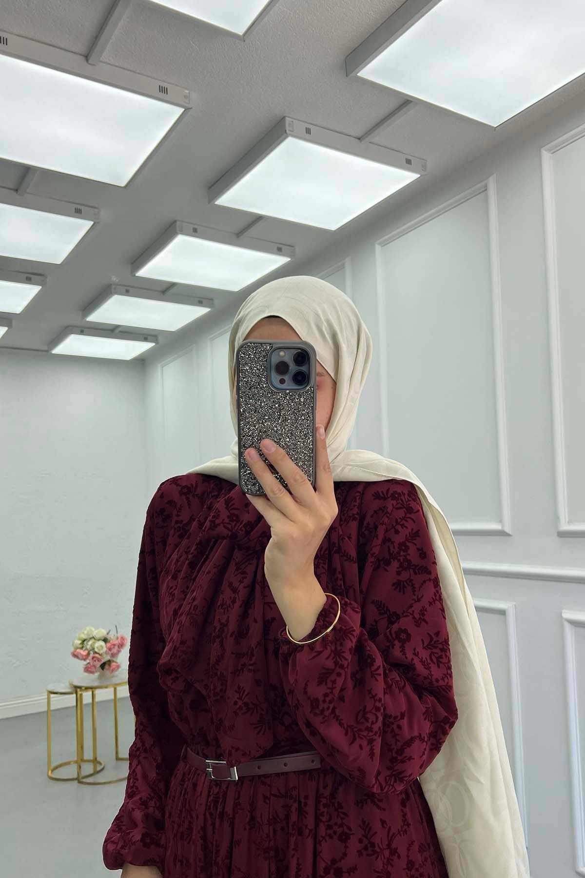 Floral Desenli Önü Pileli Kemerli Şık Takım Bordo