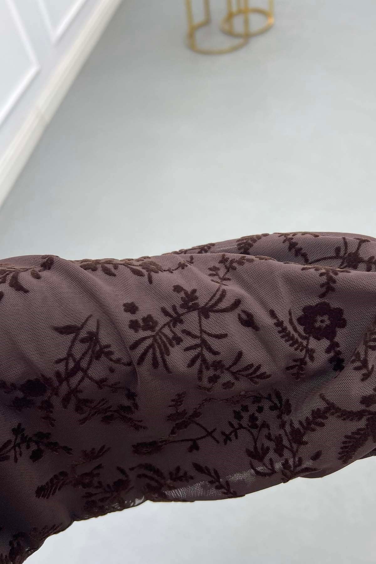 Floral Desenli Önü Pileli Kemerli Şık Takım Kahve