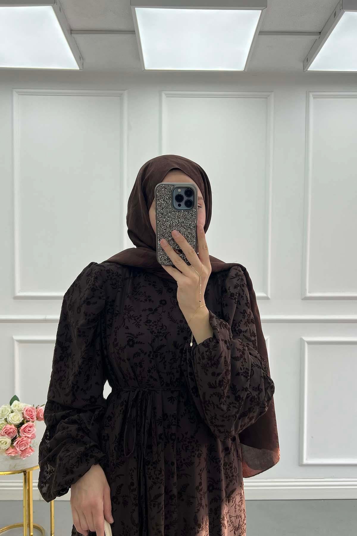 Floral Nakışlı İçlikli Tül Elbise Kahve