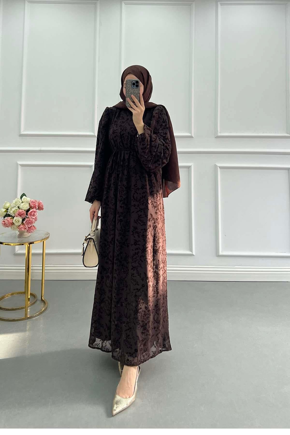 Floral Nakışlı İçlikli Tül Elbise Kahve