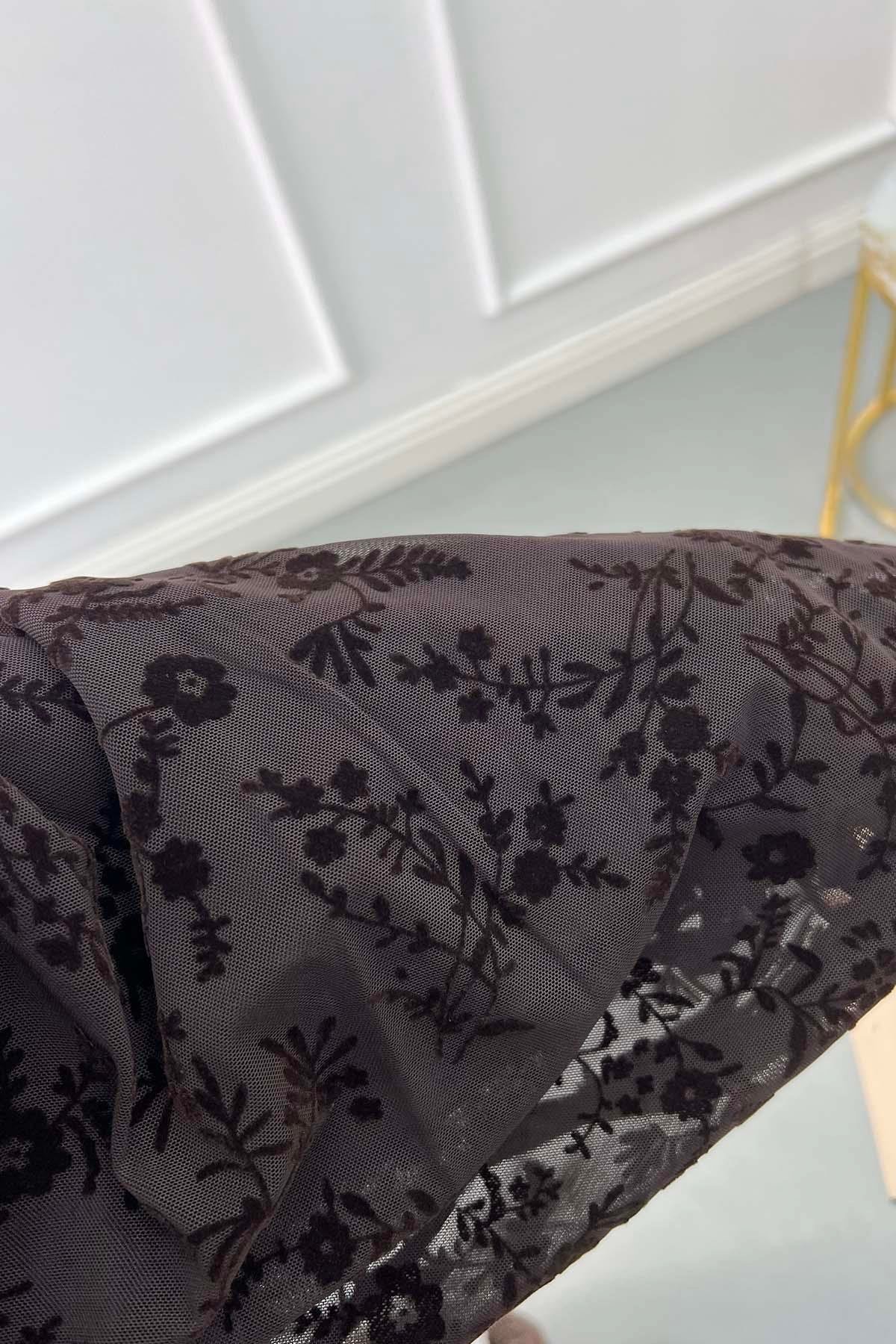 Floral Nakışlı İçlikli Tül Elbise Kahve