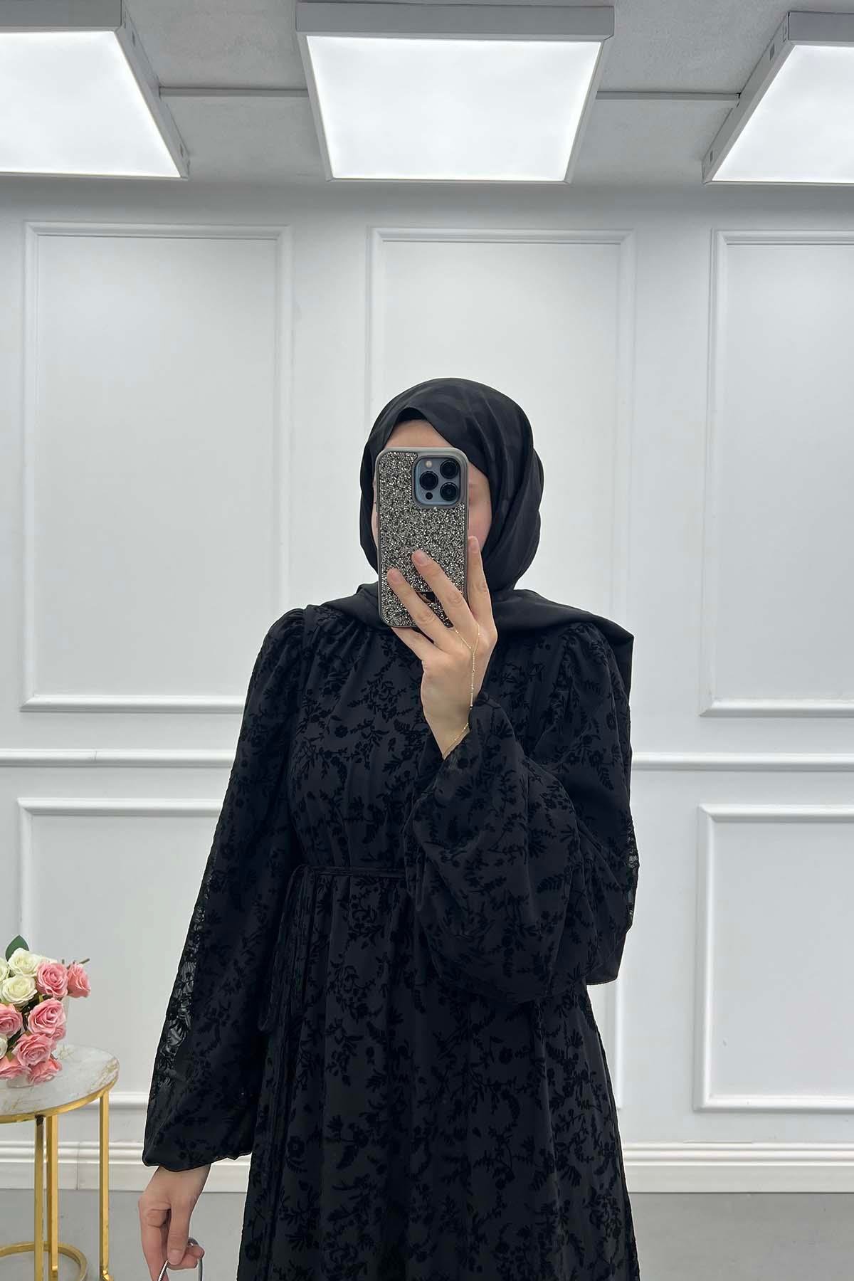 Floral Nakışlı İçlikli Tül Elbise Siyah