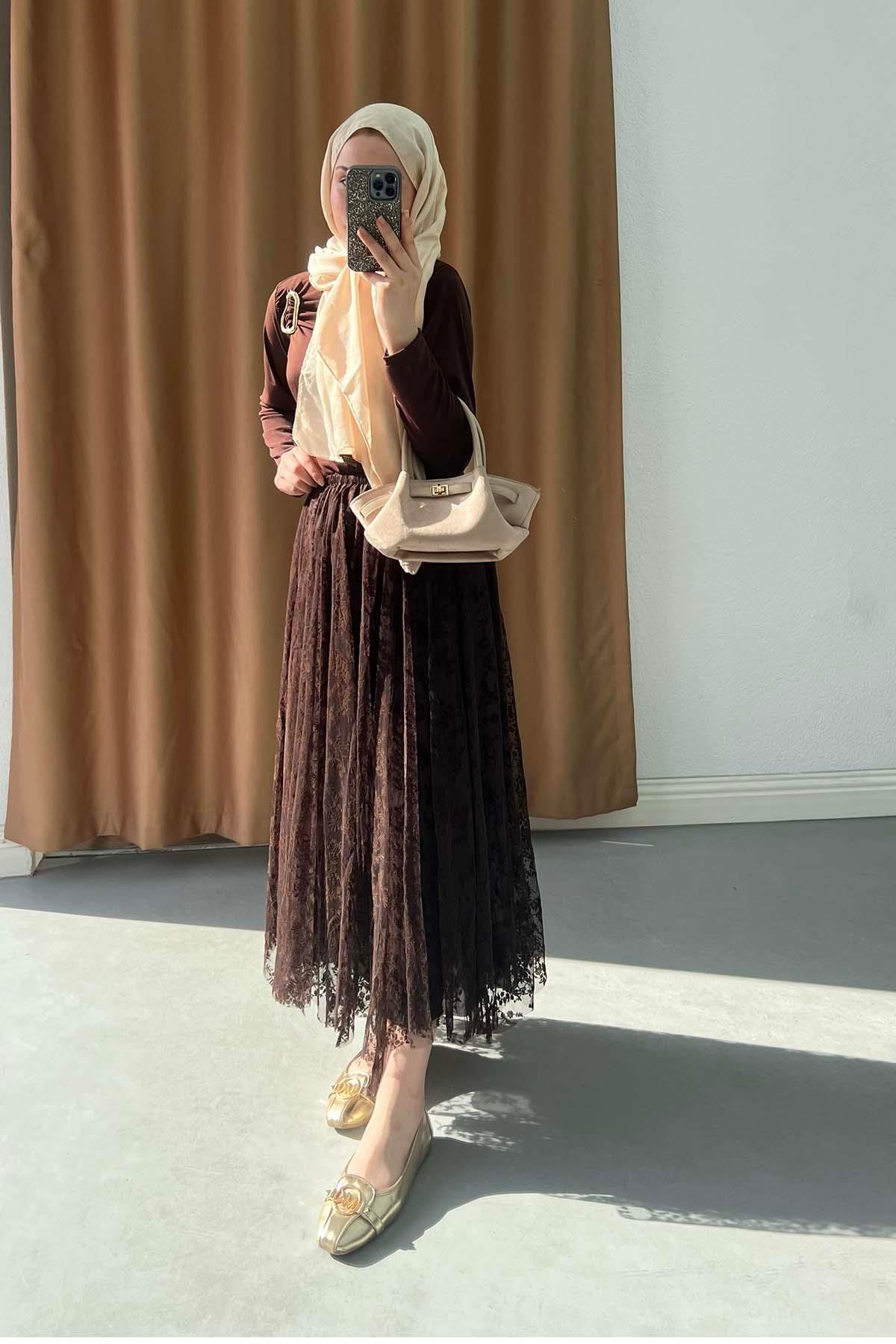 Floral Nakışlı Tül Etek Kahve