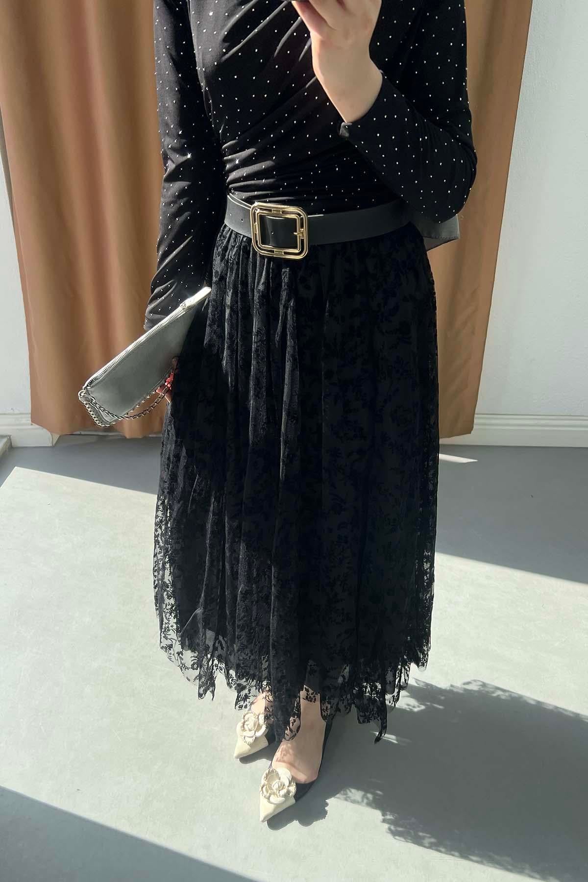 Floral Nakışlı Tül Etek Siyah