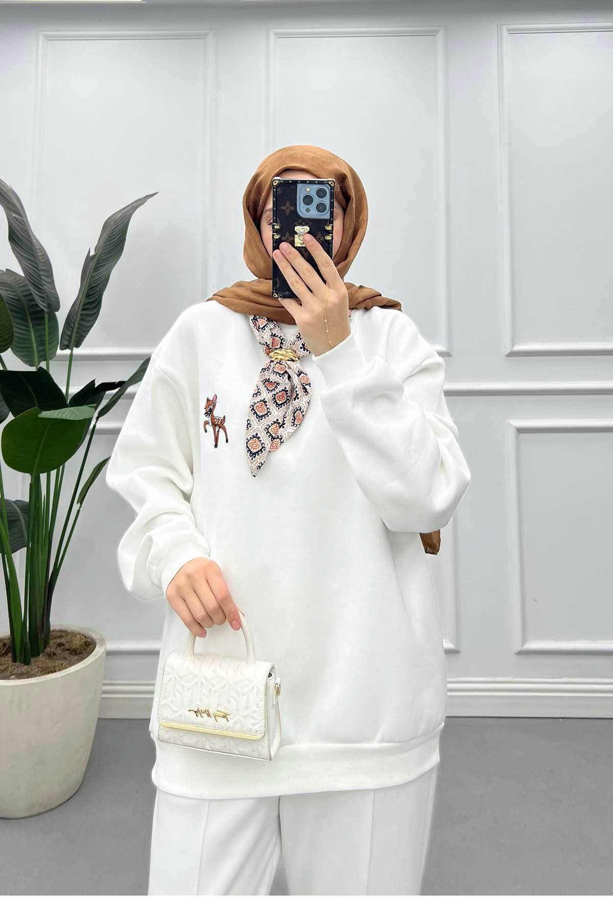 Fularlı Bambi Figürlü Üç İplik Sweat Beyaz