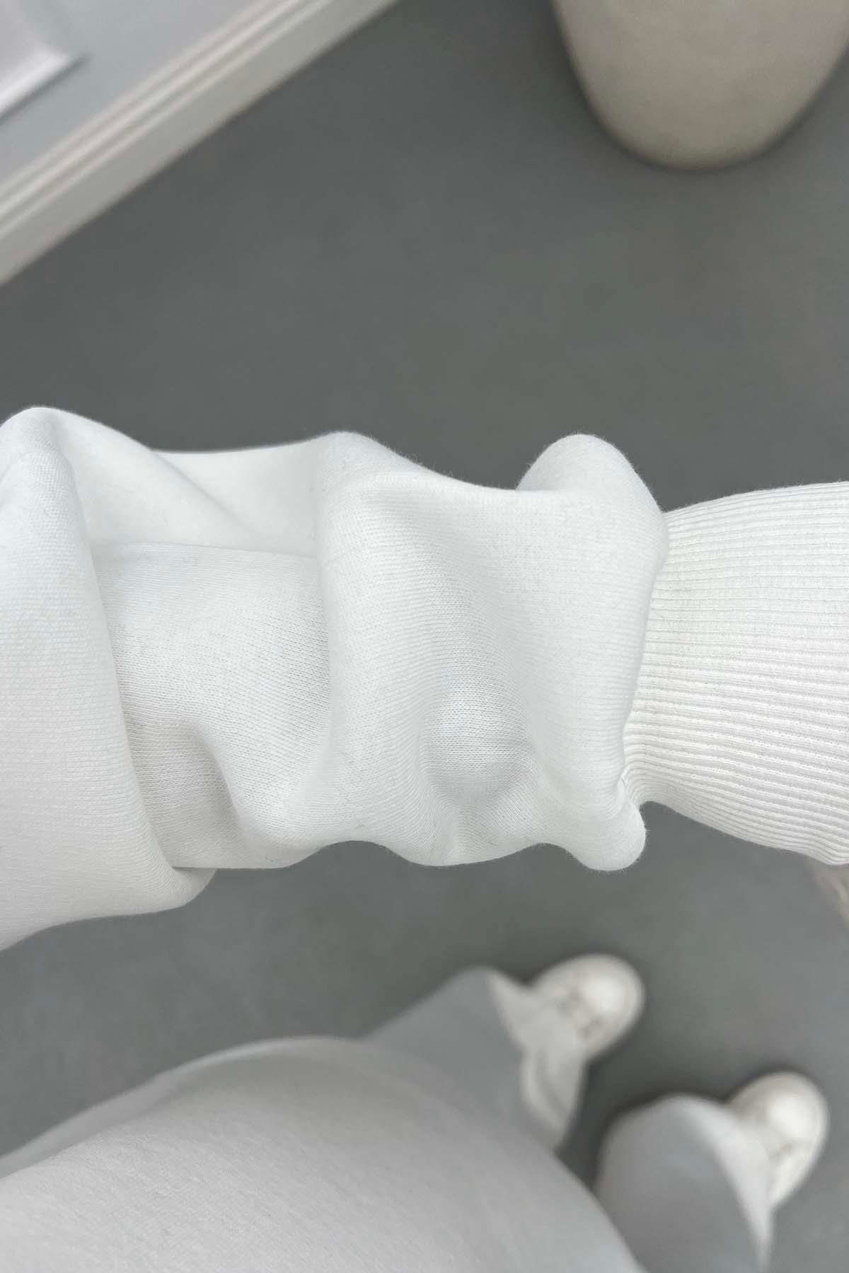 Fularlı Bambi Figürlü Üç İplik Sweat Beyaz