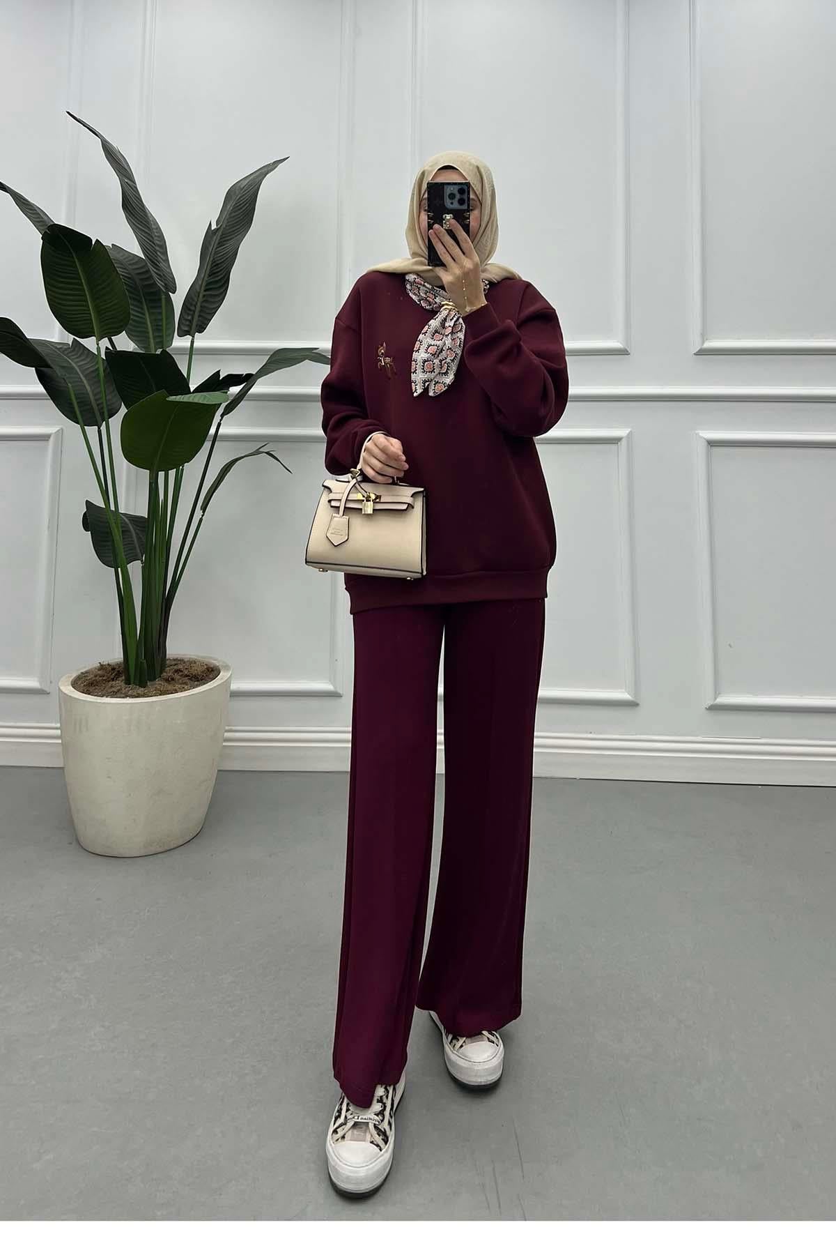Fularlı Bambi Figürlü Üç İplik Sweat Bordo