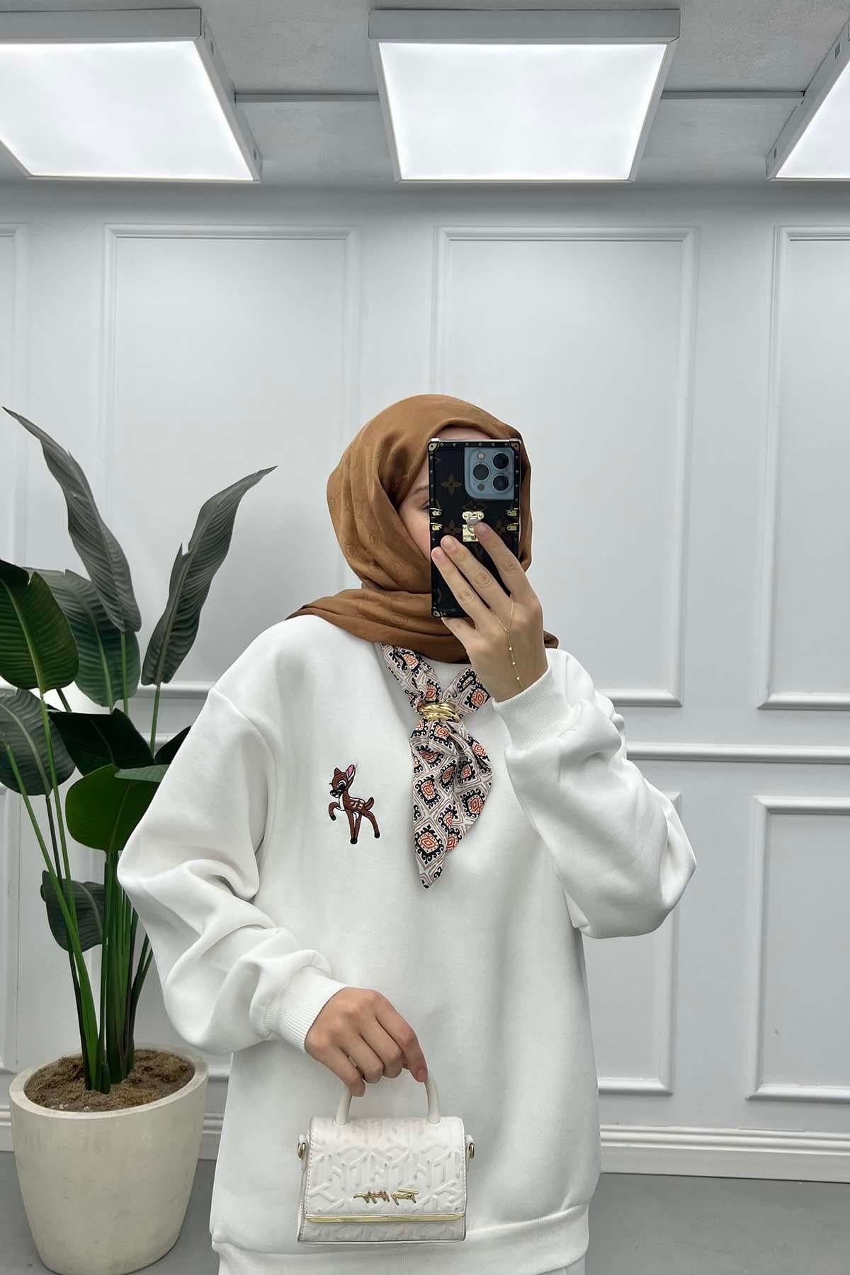 Fularlı Bambi Figürlü Üç İplik Sweat Beyaz